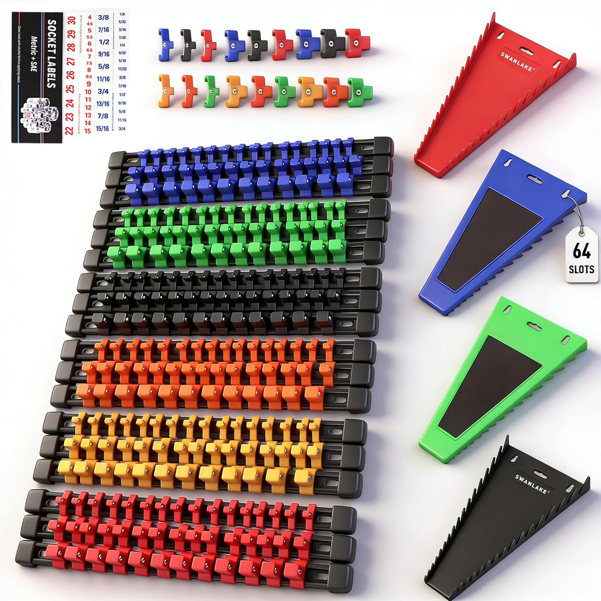 SWANLAKE Socket Organizer Set 18-Piece, 1/4-Inch x 96 Clips, 3/8-Inch x 90 Clips, 1/2-Inch x 72 Clips, Socket Organizer for Tool Box Drawer, Drive Socket Trays, Socket Holder Clip Rail