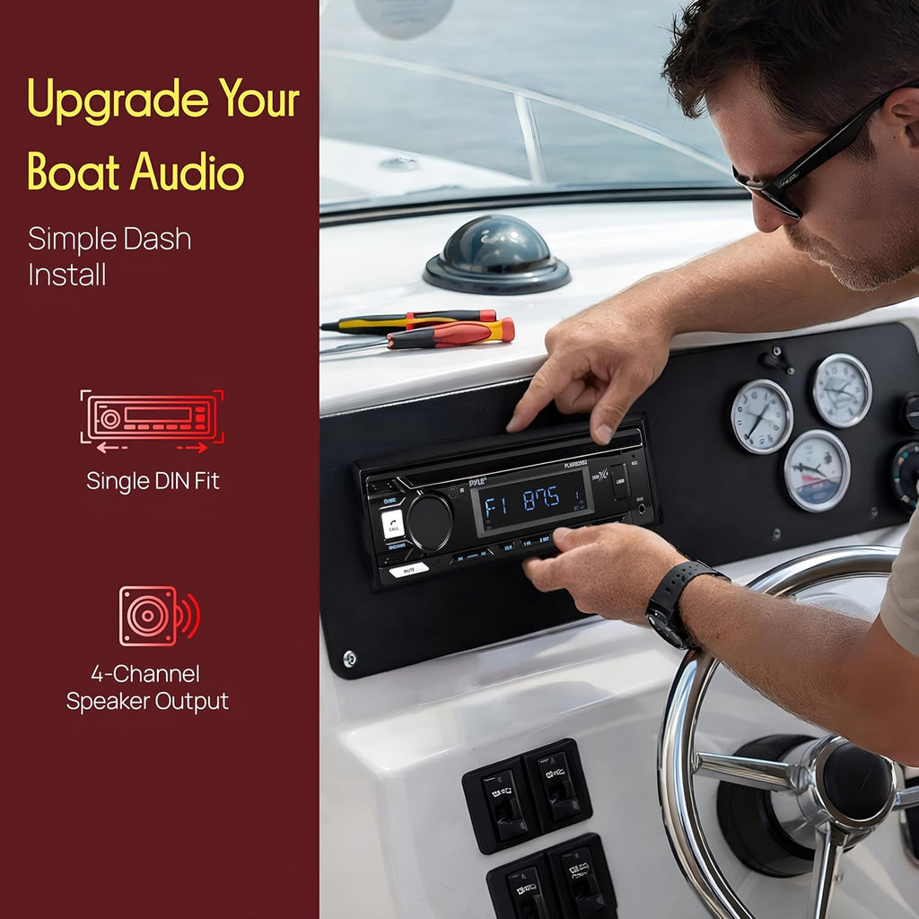 Pyle Marine Bluetooth Stereo Radio - 12v Single DIN Style Boat In dash Radio Receiver System with Built-in Mic, Digital LCD, RCA, MP3, USB, AM FM Radio - Remote Control - PLMRB29B (Black)