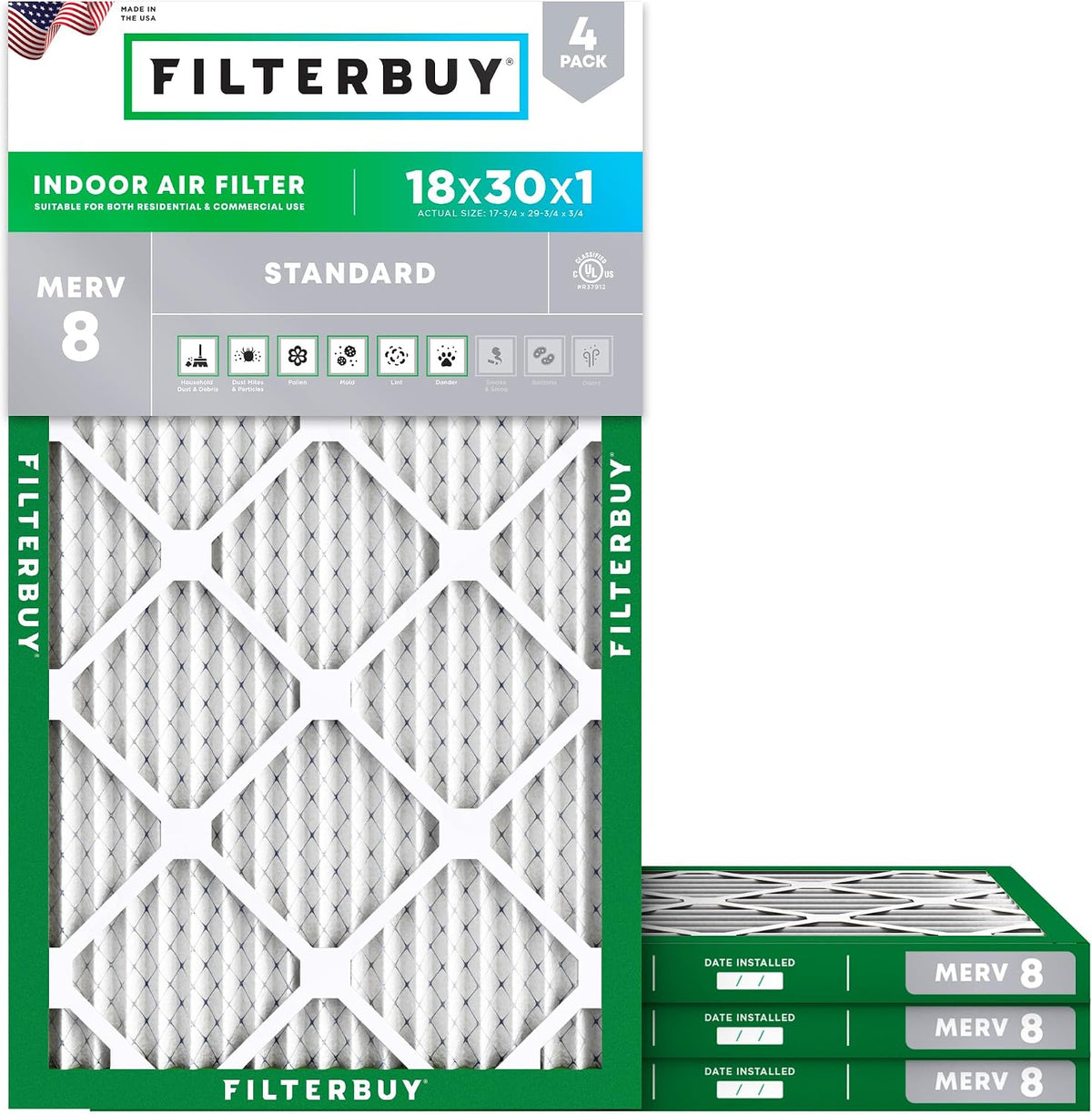 Filterbuy 16x20x1 Air Filter MERV 8 Dust & Allergy Defense (4-Pack)