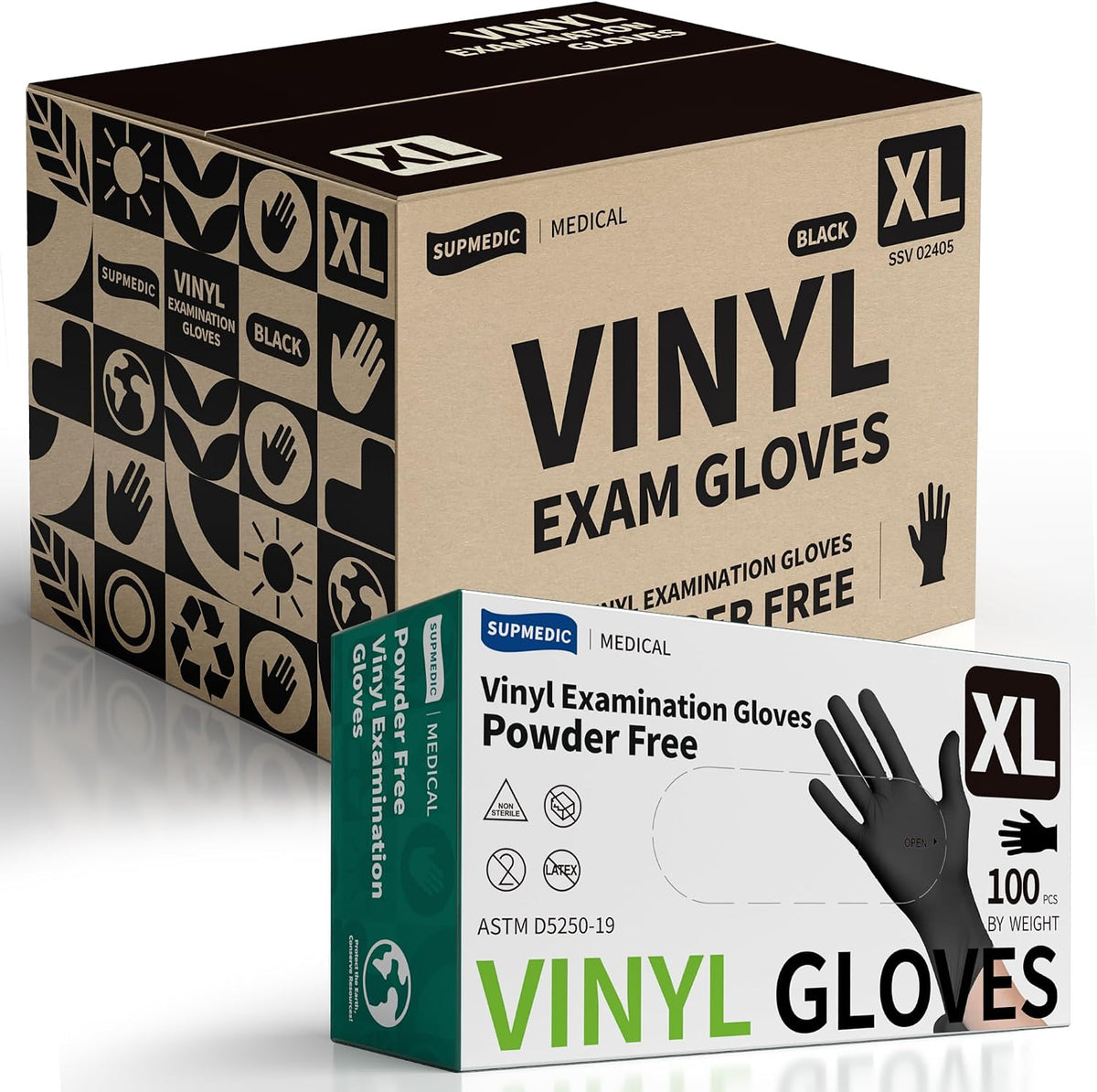 Supmedic Vinyl Disposable Exam Gloves, Black 4Mil Powder-Free Latex-Free Medical Food Safe Cooking Cleaning Glove 100 &1000Ct