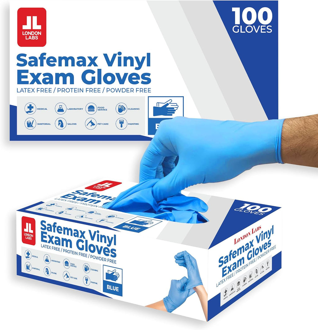 London Labs Synthetic Vinyl Exam Gloves Powder-Free, Latex-Free, Disposable, Ultra-strong, Food Safe, Healthcare, Cleaning