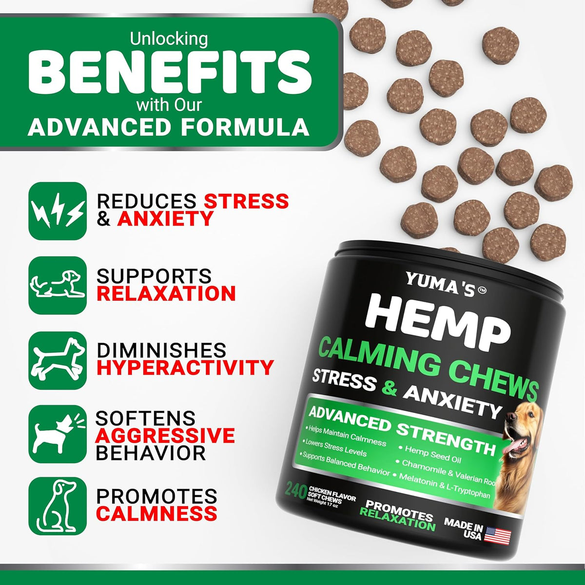 Hemp Calming Chews for Dogs - 240 Treats - Advanced Dog Calming Chews | Dog Anxiety Relief Supplement with Melatonin - Sleep Aid, Separation, Barking, Stress & Travel - Joint Support - Made in USA