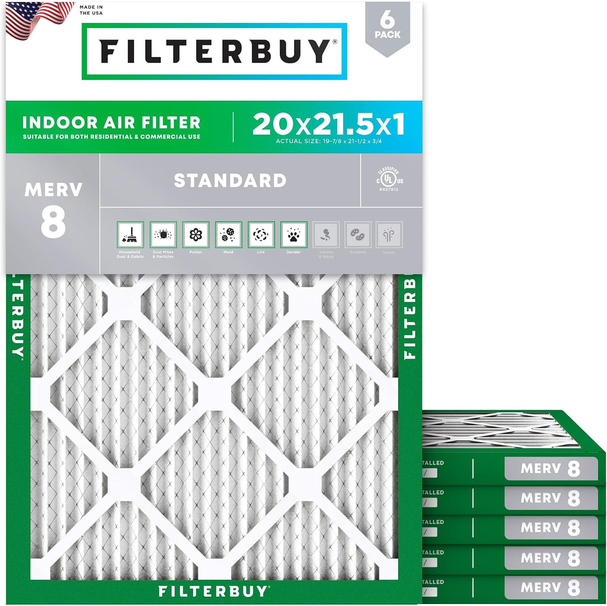 Filterbuy 16x25x1 Air Filter MERV 8 Dust & Allergy Defense (6-Pack)