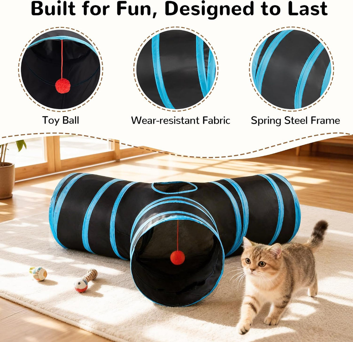 Tempcore Cat Tunnel, 3-Way Collapsible Toy for Indoor Cats, Black & Blue