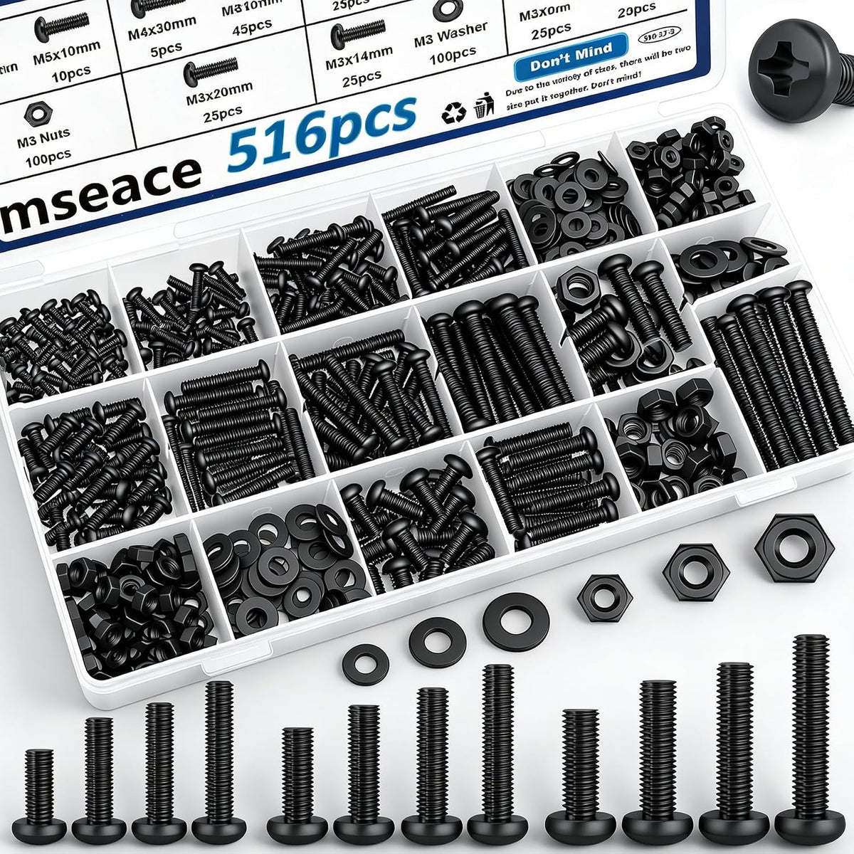 smseace 516Pcs Nuts and Bolts Assortment Kit 21-Sizes M3/M4/M5/M6 Nut Bolt Washer Assortment Kit for Machinery, Furniture, Automotive, Motorcycle Repairs