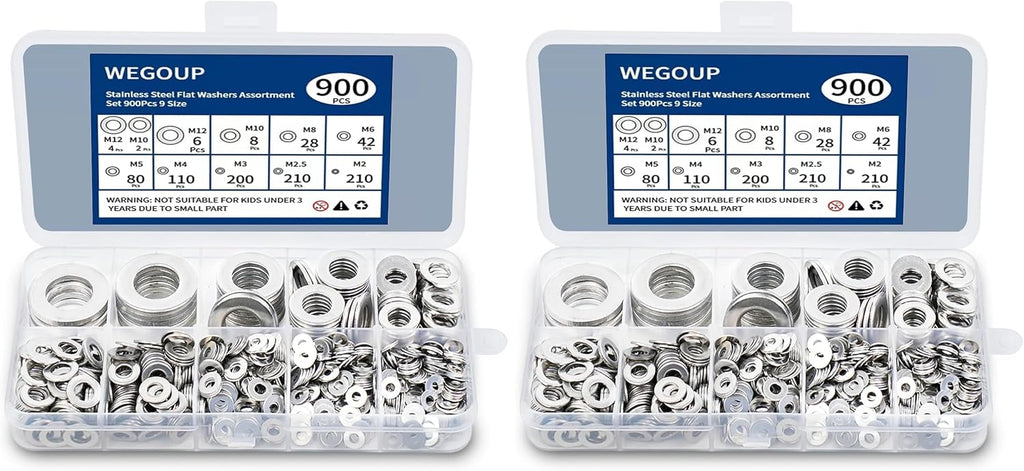 WEGOUP 900 Pcs Stainless Steel Flat Washers for Screws, Assorted Sizes