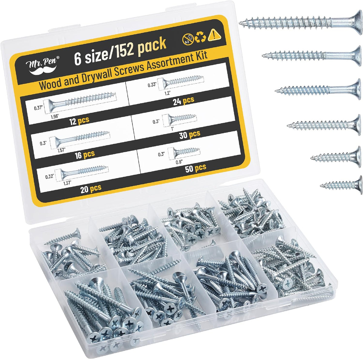 Mr. Pen- Wood Screws Assortment Kit, 152 pcs, Silver, Phillips Flat Head