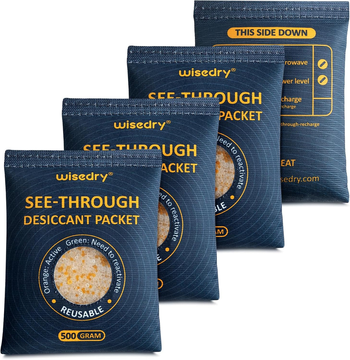 wisedry 2 x 500 Gram See-Through Silica Gel Packets, Color-Indicating Desiccant Packs for Storage, Reusable Gun Safe Dehumidifier, Rechargeable Car Dehumidifier Bag