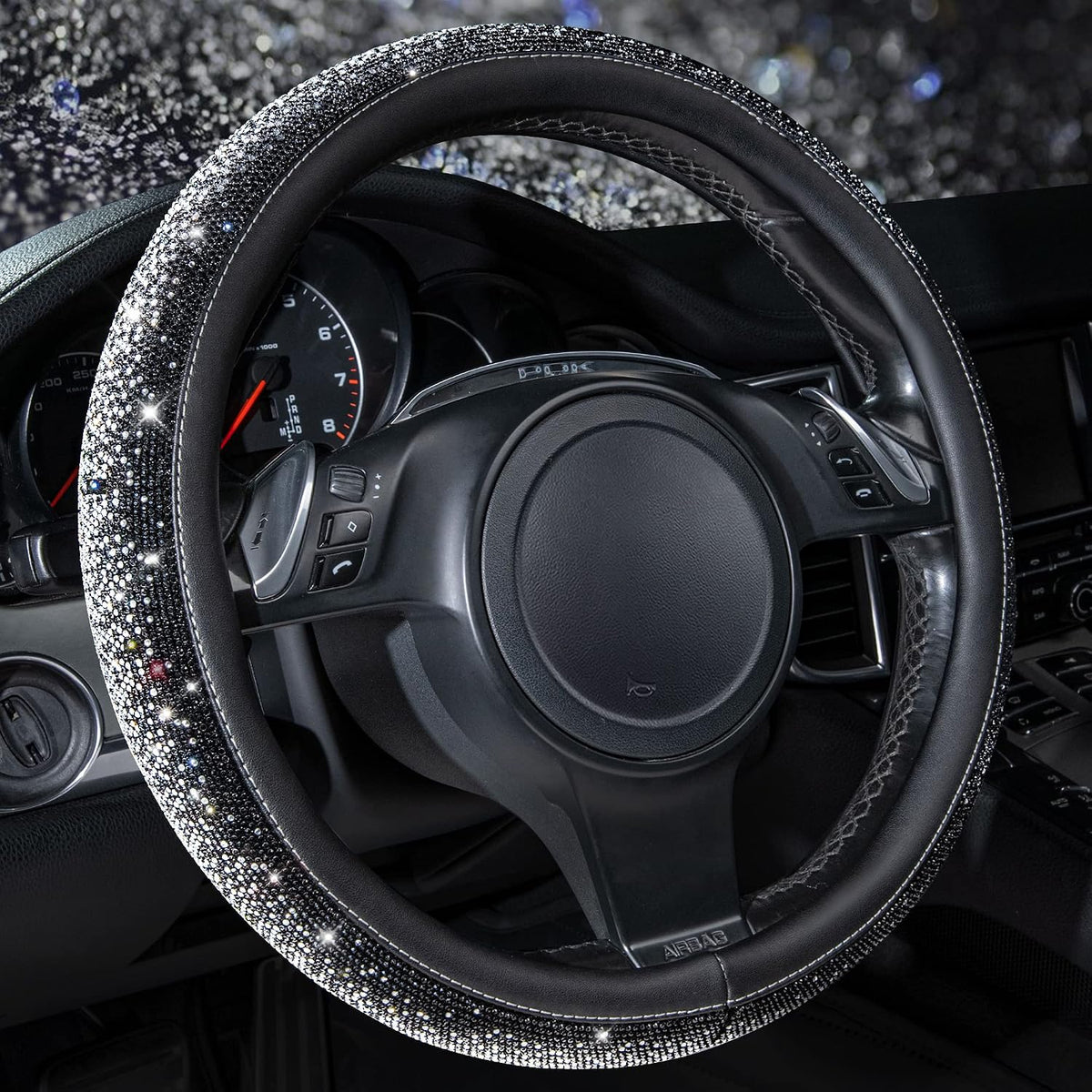 CAR PASS Bling Diamond Leather Steering Wheel Cover, with Bling Sparkly Crystal Glitter Rhinestones Universal Fit 14.5in-15in Car Wheel Protector for Women Girl Fit Suvs,Vans,Sedans,Car,Trucks, Silver