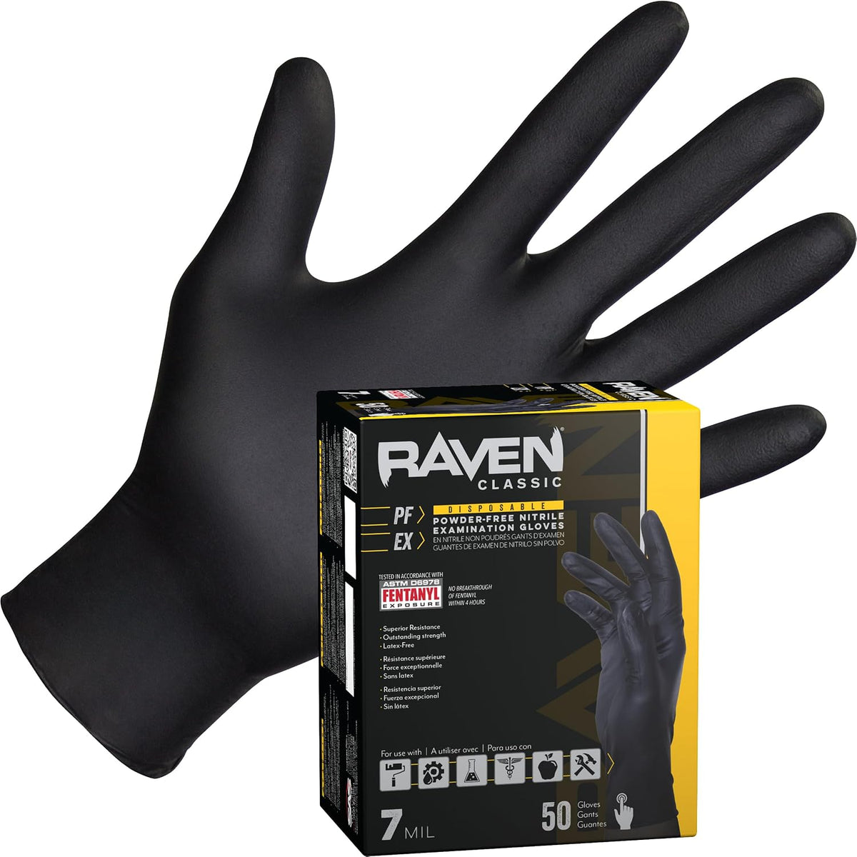 Raven Powder Free Nitrile Disposable Gloves | 7 Mil | Latex Free, Chemical + Puncture Resistant, Single Use |