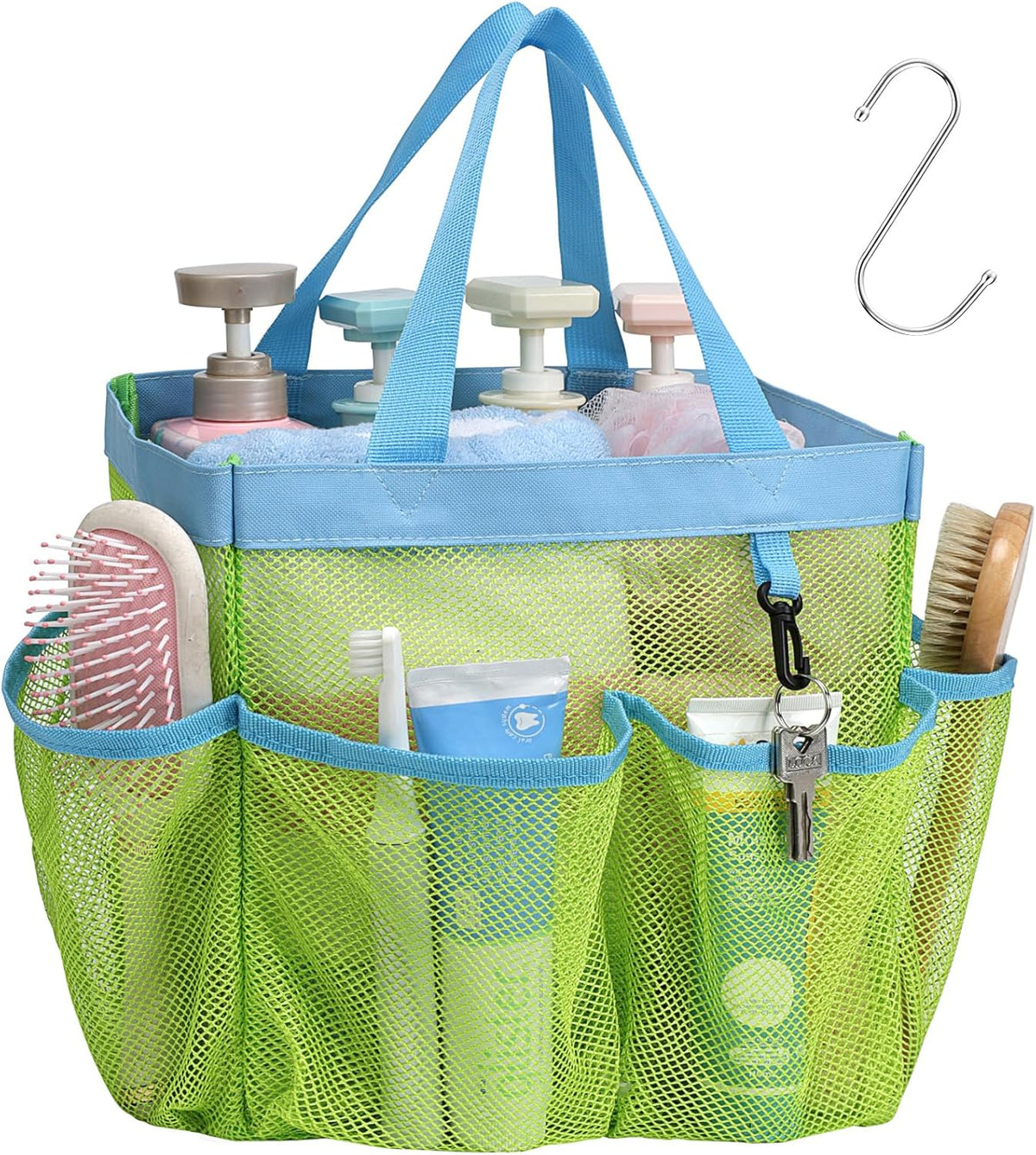 Mesh Shower Caddy Portable - 8 Pockets, S-Hook, Shower Bag for Dorm Camping