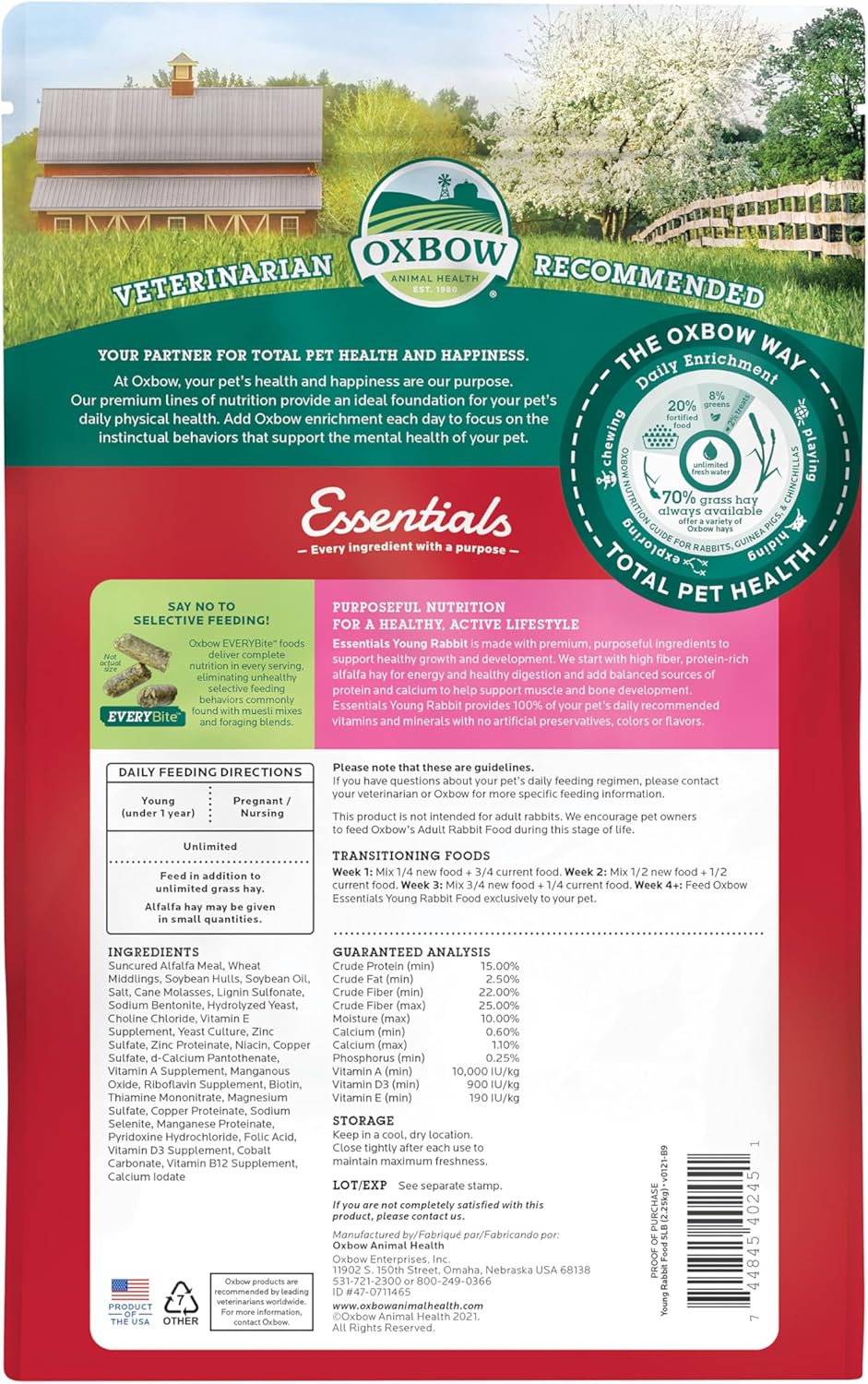 Oxbow Essentials Young Rabbit Food, High-Fiber Rabbit Pellets, USA, 5 lb
