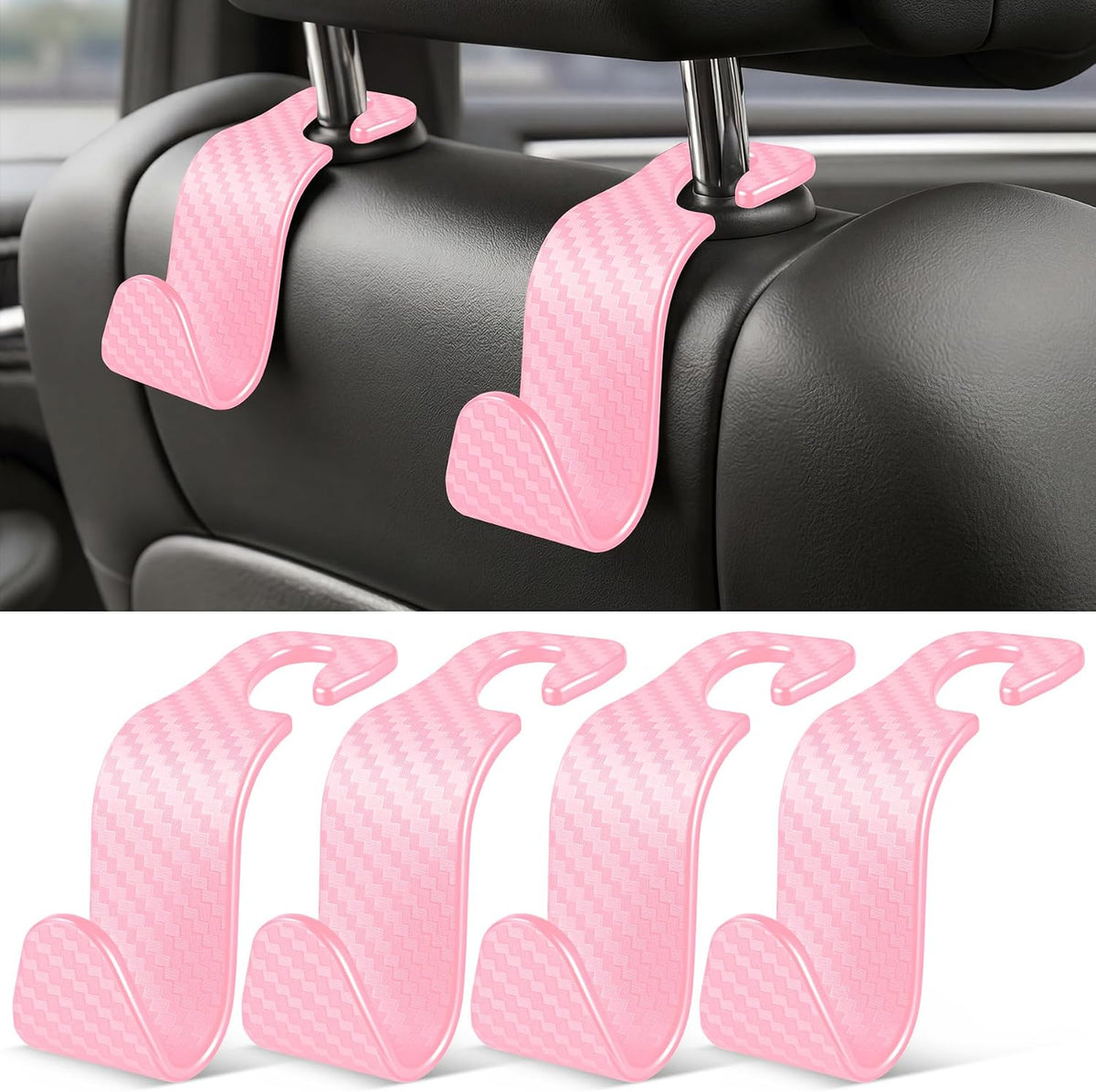 SINGARO Universal 4 Pack Car Seat Headrest Purse Hook, Carbon Fiber Back Seat Hook Storage Organizer Hanger for Purse Handbag Coat, Car Interior Accessories(Black)