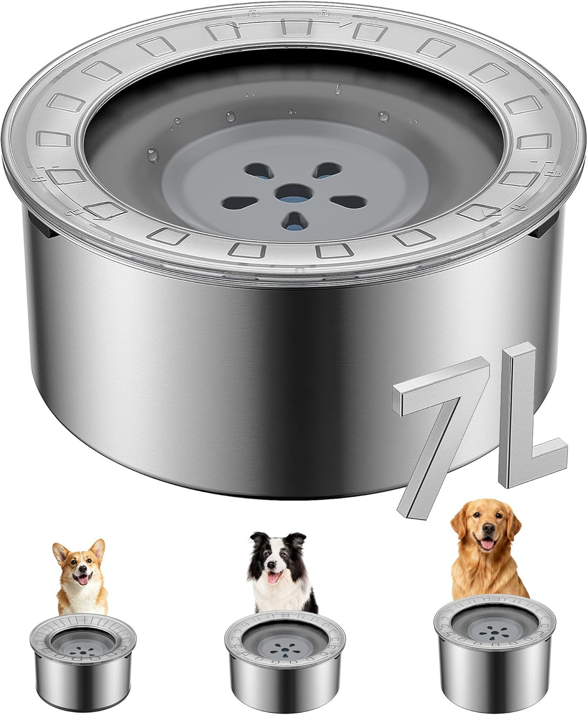 Heouvo 1 Gallon No Spill Dog Water Bowl with Slow Drink Floating Disk(Gray) | Splash-Proof Lid + Stainless Steel Bowl/Rubber Bottom/Slobber Stopper Water Bowl for Large Sloppy Messy Drinkers Reduce Mess