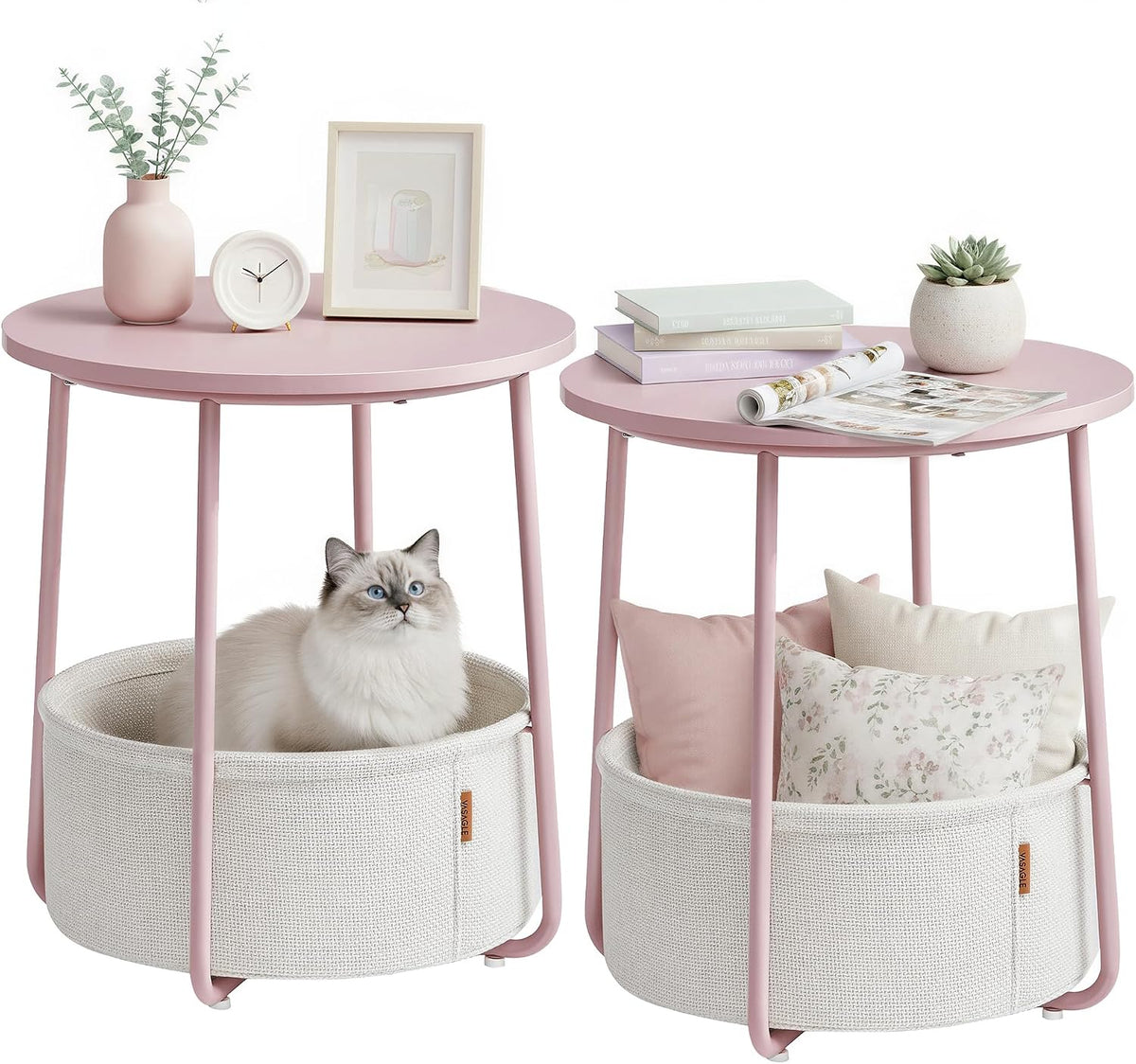 VASAGLE Small Round Side End Table, Small Nightstand with Fabric Basket