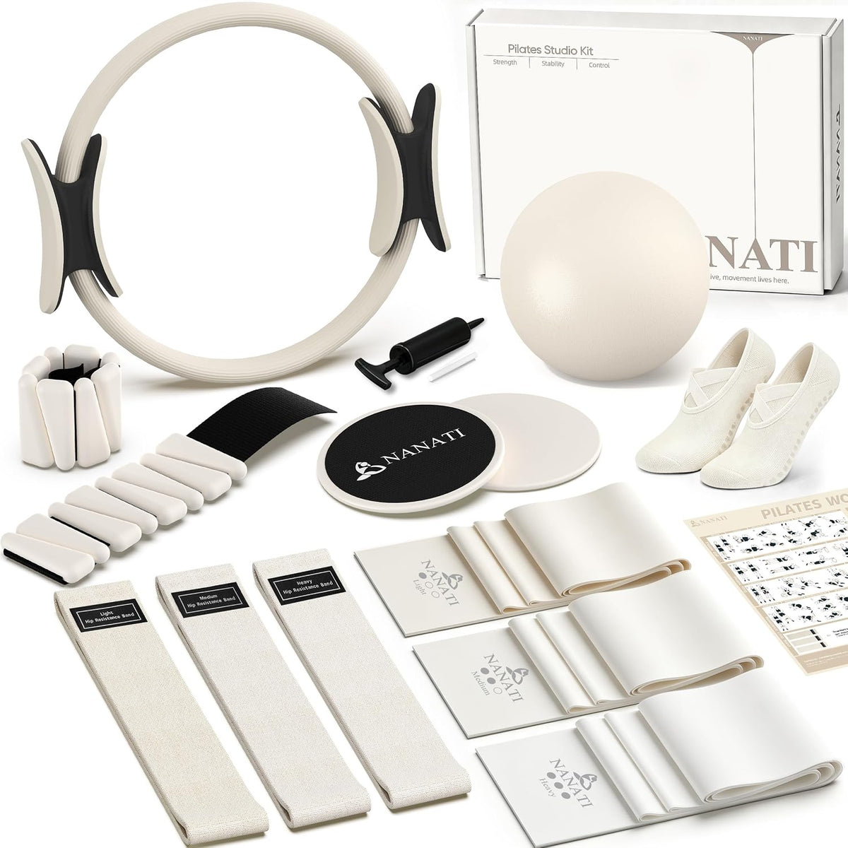 NANATI Pilates Kit, Home Pilates Workout Kit for Women, Pilates Equipment with 14.5"" Pilates Ring and Ball, Resistance Bands, Ankle Weights, Sliders & Grip Socks for Home Workouts