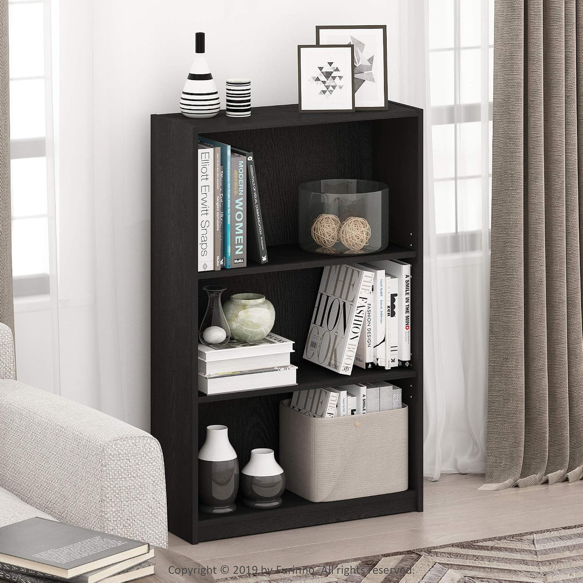Furinno JAYA Book Shelf, 3-Tier Bookshelf, Bookcase with Adjustable Shelves, 9.5 x 24.5 x 40.3, for Organization and Storage, for Living Room, Bedroom, Home Office, French Oak