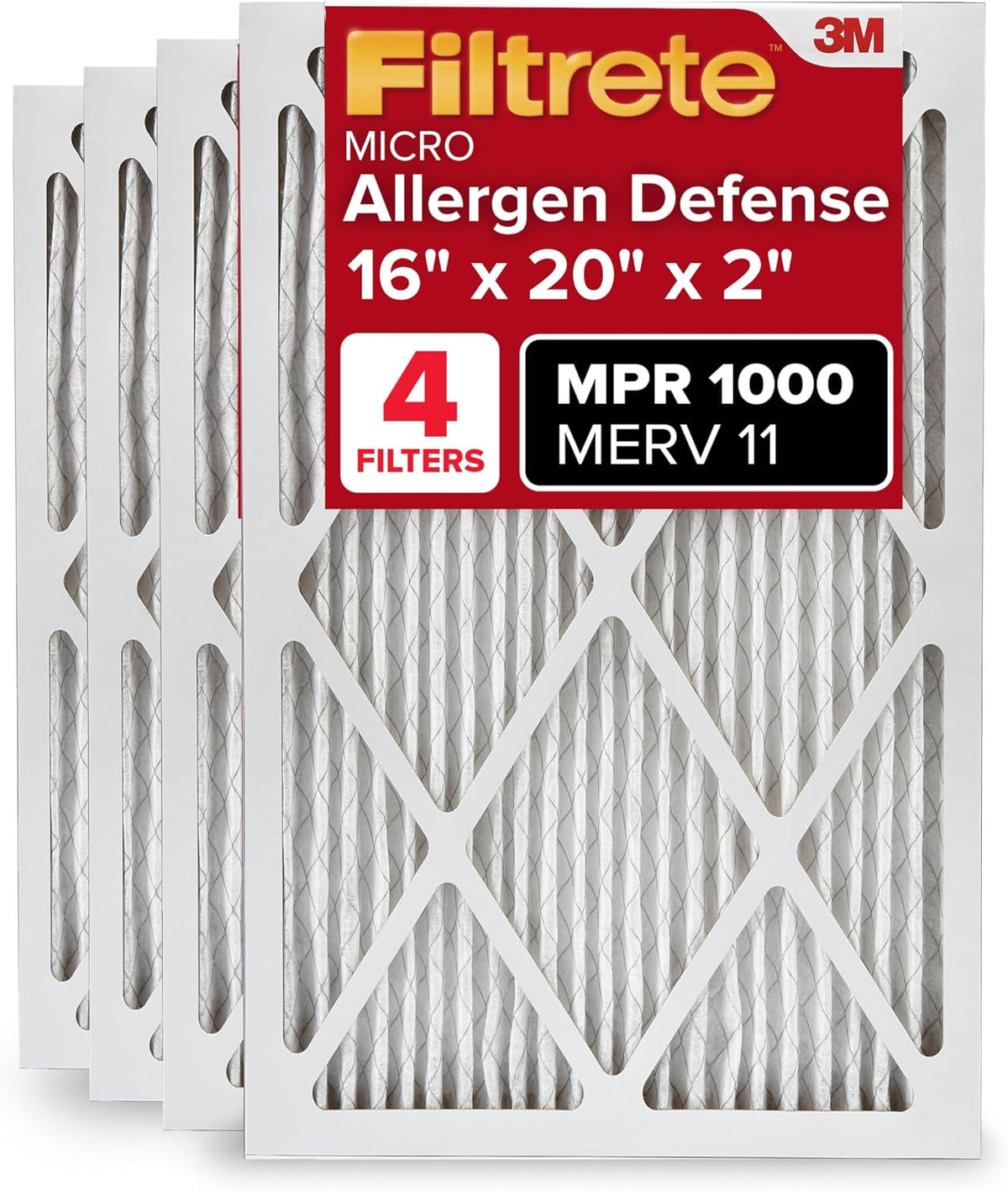 Filtrete 16x25x1 Air Filter, MERV 11, MPR 1000, Allergens & Pet Dander, 3-Month AC and Furnace Filters, Cleaner Air, Reliable Airflow, 4 HVAC Filters (Actual Size 15.68 x 24.68 x 0.81 in)