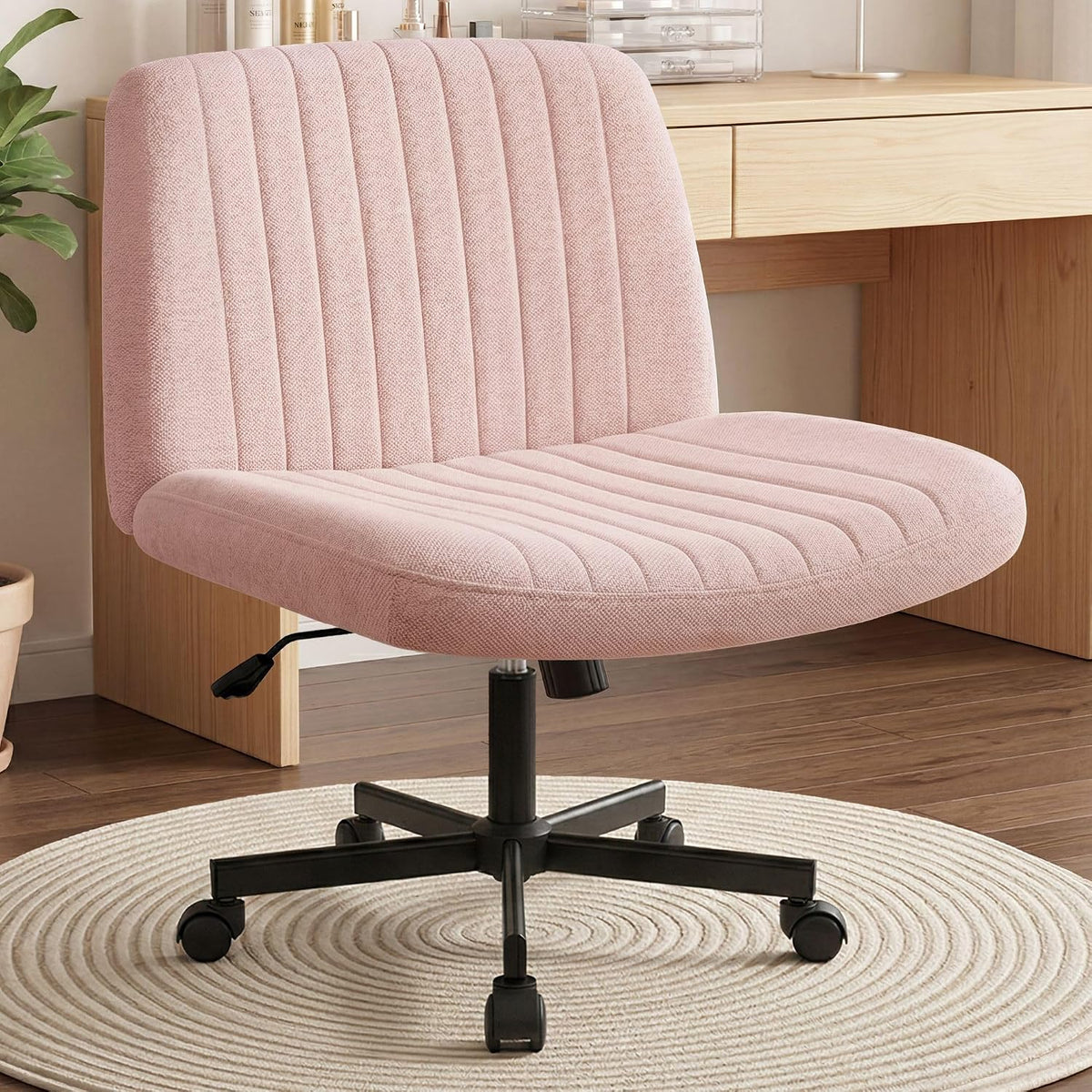 Orange Factory Criss Cross Chair, Wide Fabric Vanity Desk Seat, Beige Wheel