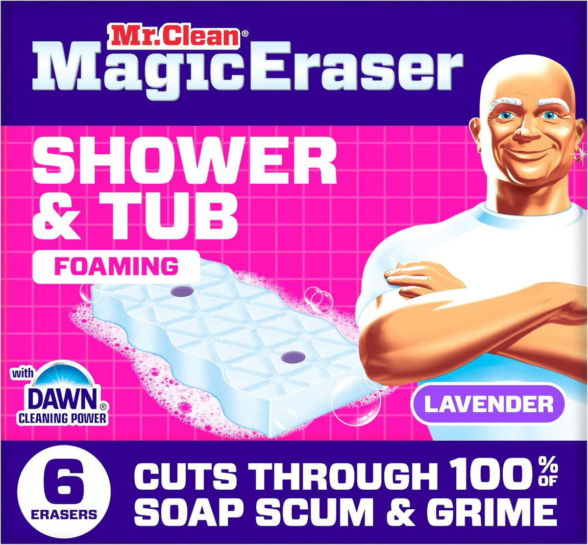 Mr. Clean Magic Eraser Sponge, Bathroom, Shower, Tub Cleaner, Soap Scum Remover, Bathroom Cleaning Supplies, Dawn Cleaning Power with Lavender Scent, Shower & Tub, 8ct