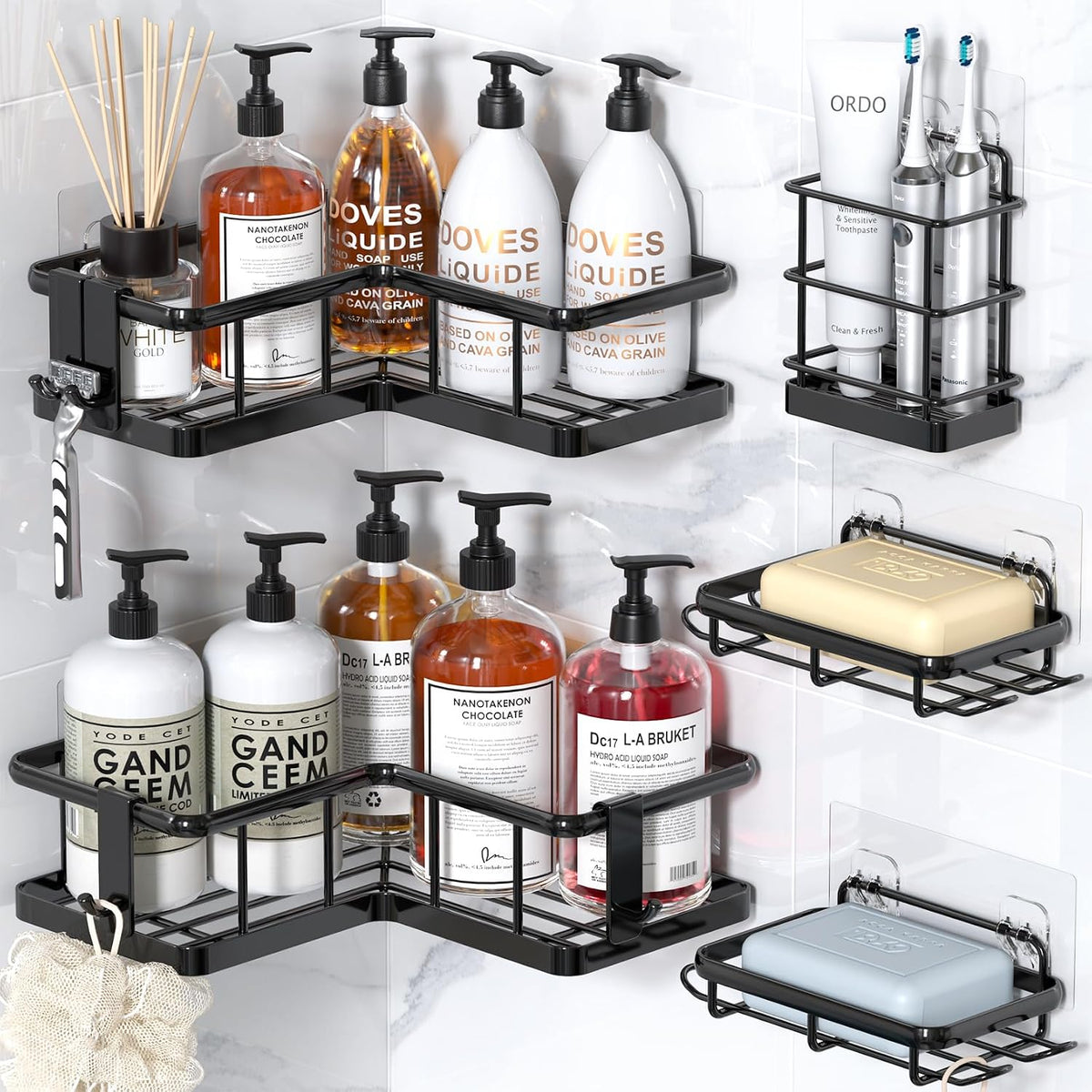 YASONIC Corner Shower Caddy Adhesive, 100% Rustproof Shower Organizer, No Drill Shower Shelf for Inside Shower, Wall-Mounted Shower Storage for Homes (2 Pack, Black)