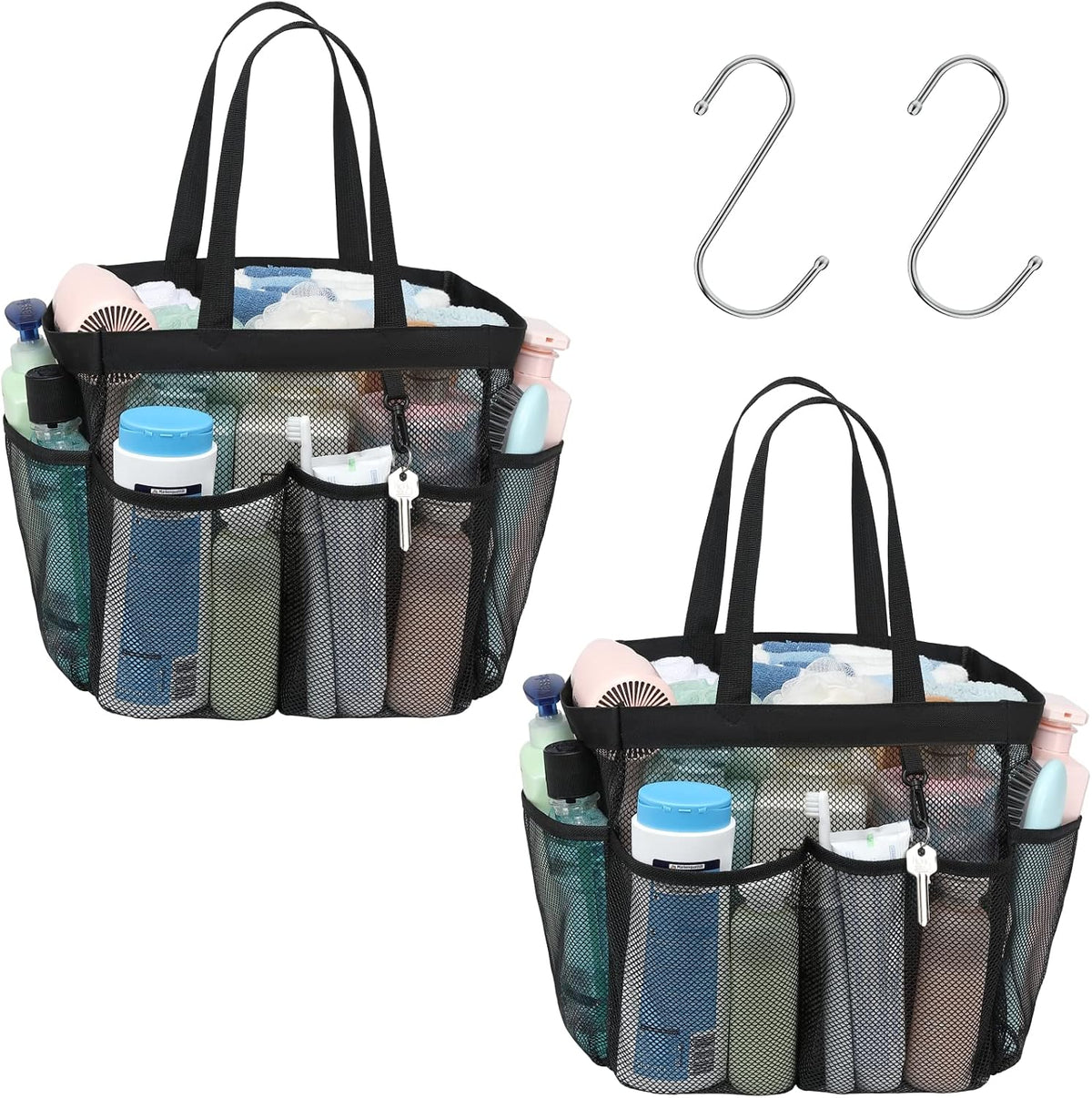 Mesh Shower Caddy Portable - 8 Pockets, S-Hook, Shower Bag for Dorm Camping