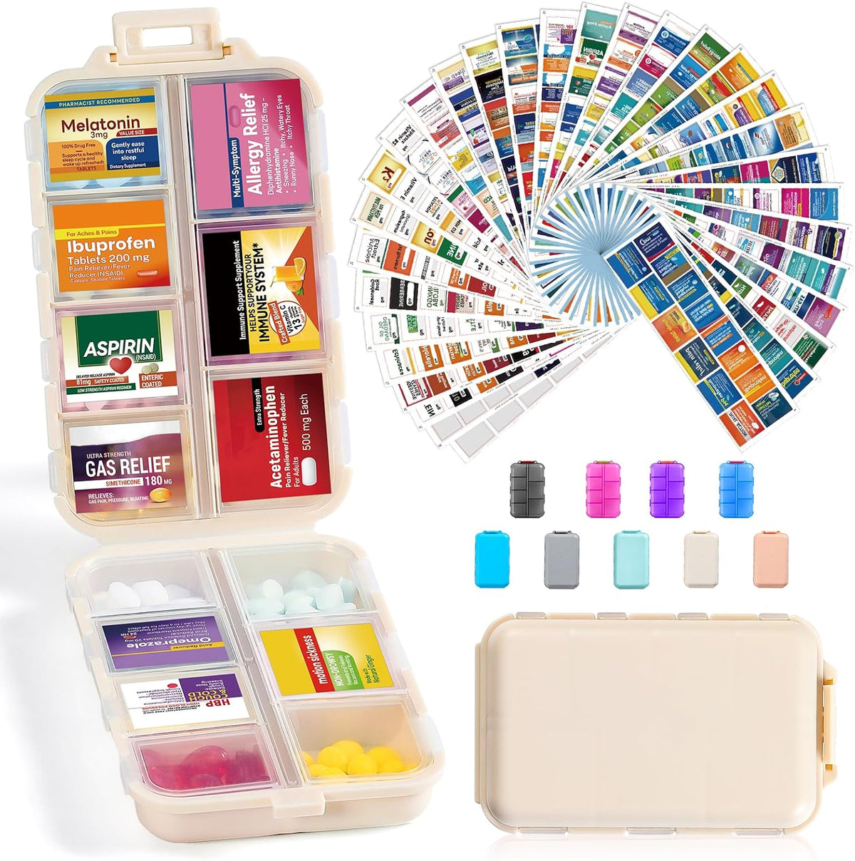 LANDNEOO 14 Grids Pill Organizer Box with Labels, Travel Medication Holder Dispenser Case Kit, Pocket Daily Pharmacy Container for Fish Oil Vitamin Supplement Storage, Khaki Pink Grey, 3 Pack