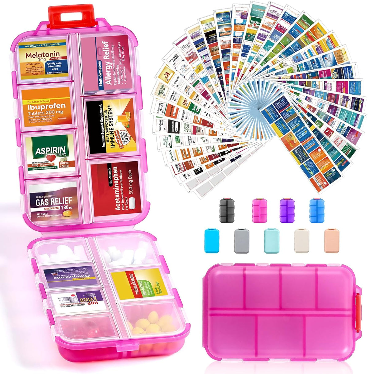 LANDNEOO 14 Grids Pill Organizer Box with Labels, Travel Medication Holder Dispenser Case Kit, Pocket Daily Pharmacy Container for Fish Oil Vitamin Supplement Storage, Khaki Pink Grey, 3 Pack