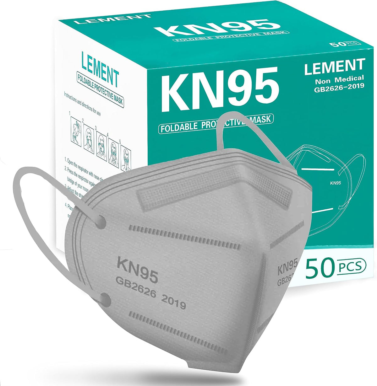 LEMENT 50pcs KN95 Face Mask Black 5-Layer Filter≥95% Cup Dust Safety Masks