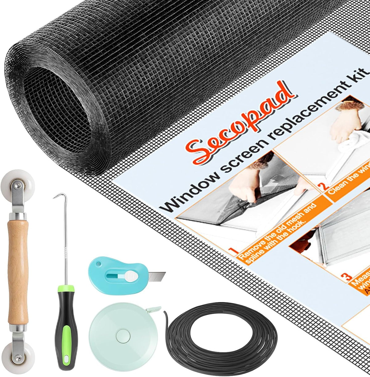 Secopad Window Screen & Screen Door Mesh Repair Kit, Black