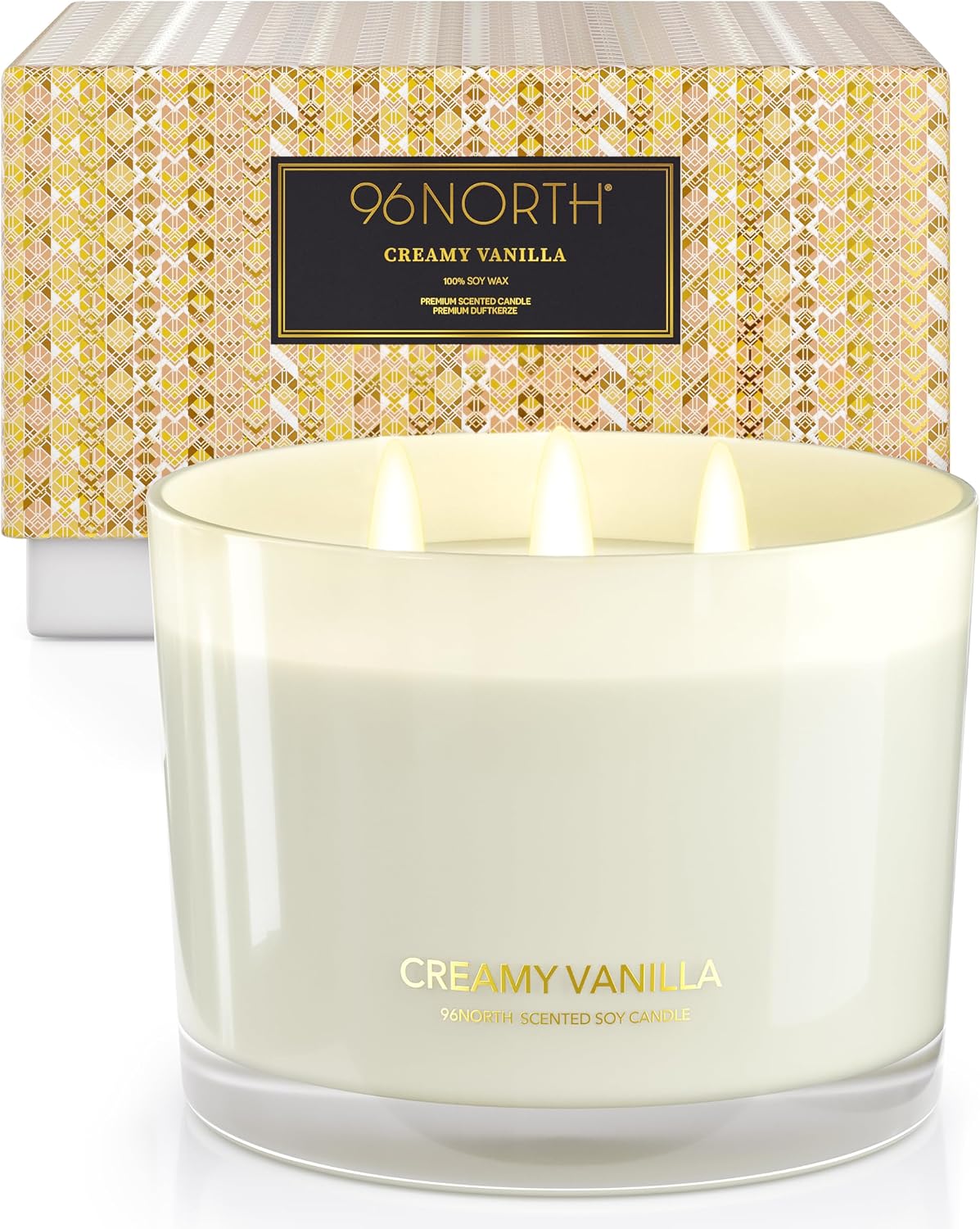 96NORTH Luxury Vanilla Soy Candles | Large 3 Wick Jar Candle | Up to 50 Hours Burning Time | 100% Natural Soy Wax | Relaxing Aromatherapy Aesthetic Candle | Housewarming Gift for Men and Women