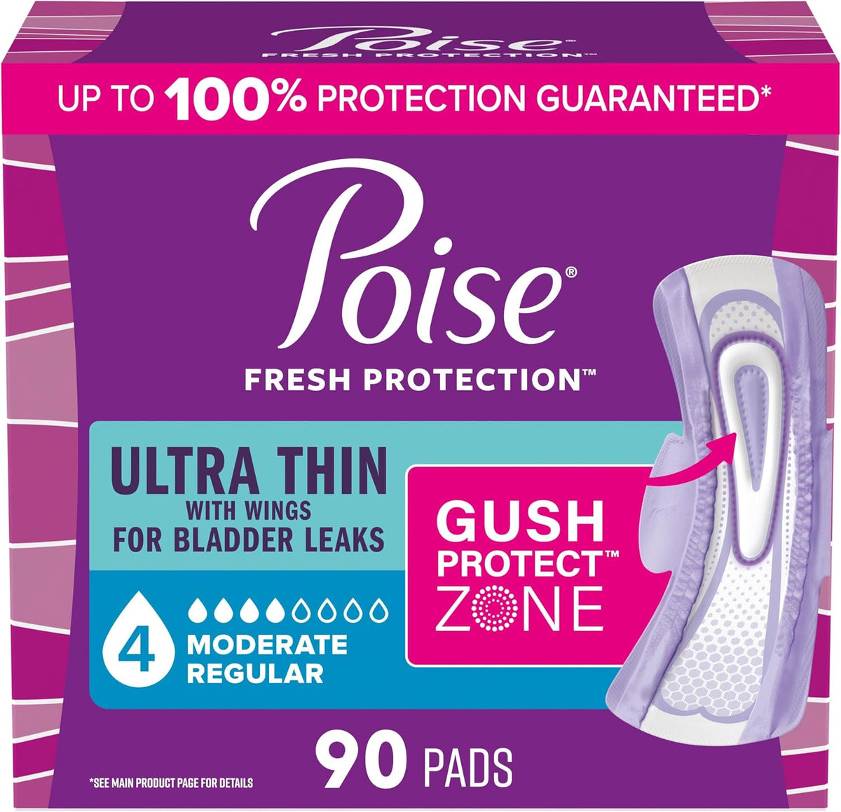Poise Ultra Thin Incontinence Pads for Women, 4 Drop, Wings, 90 ct