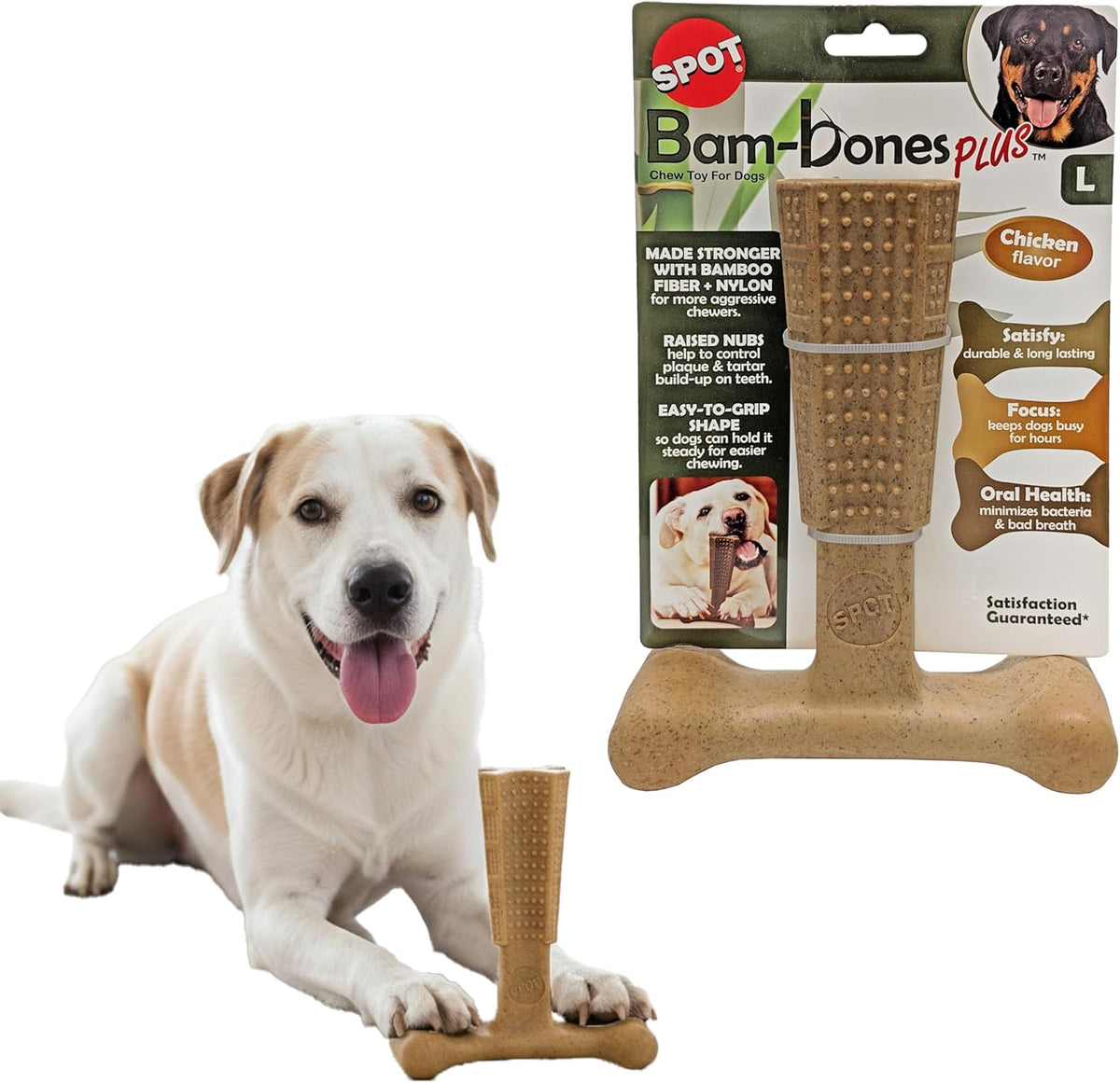 SPOT Bam-Bones Plus T Bone – Bamboo Fiber & Nylon Dog Chew Toy for Moderate to Aggressive Chewers, Durable Long Lasting & Non-Splintering, Beef Flavor Toy for Adult Dogs & Puppies Under 60 lbs, 6 in