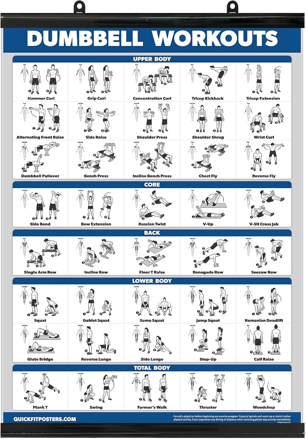Palace Learning Dumbbell Workout Exercise Poster - Free Weight Body Building Guide | Home Gym Chart - LAMINATED, 18" x 24"