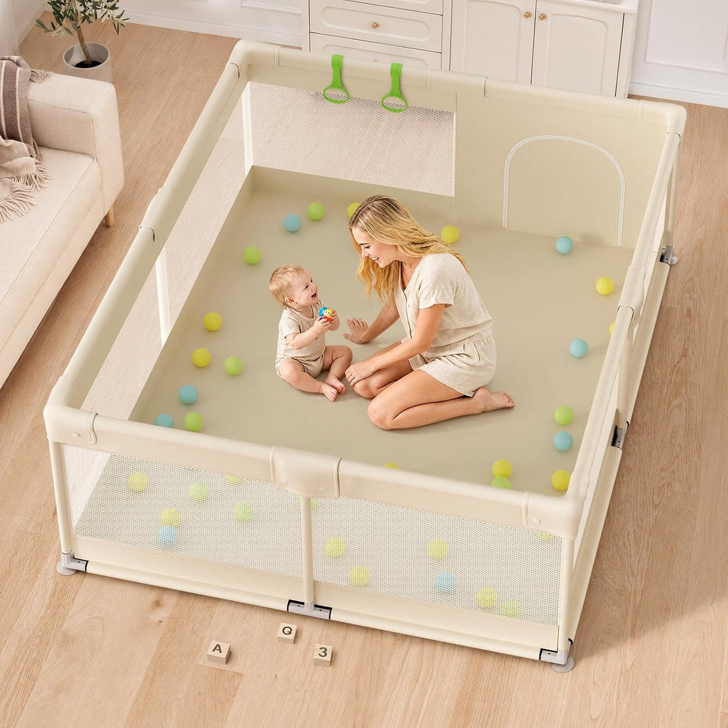 Uanlauo Beige Small Baby Playpen - 47x47in Playpen for Babies and Toddlers