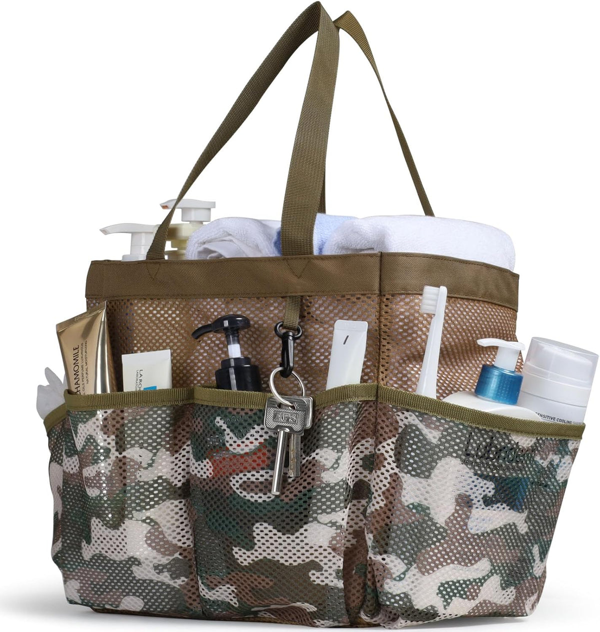 Mesh Shower Caddy Portable - 8 Pockets, S-Hook, Shower Bag for Dorm Camping