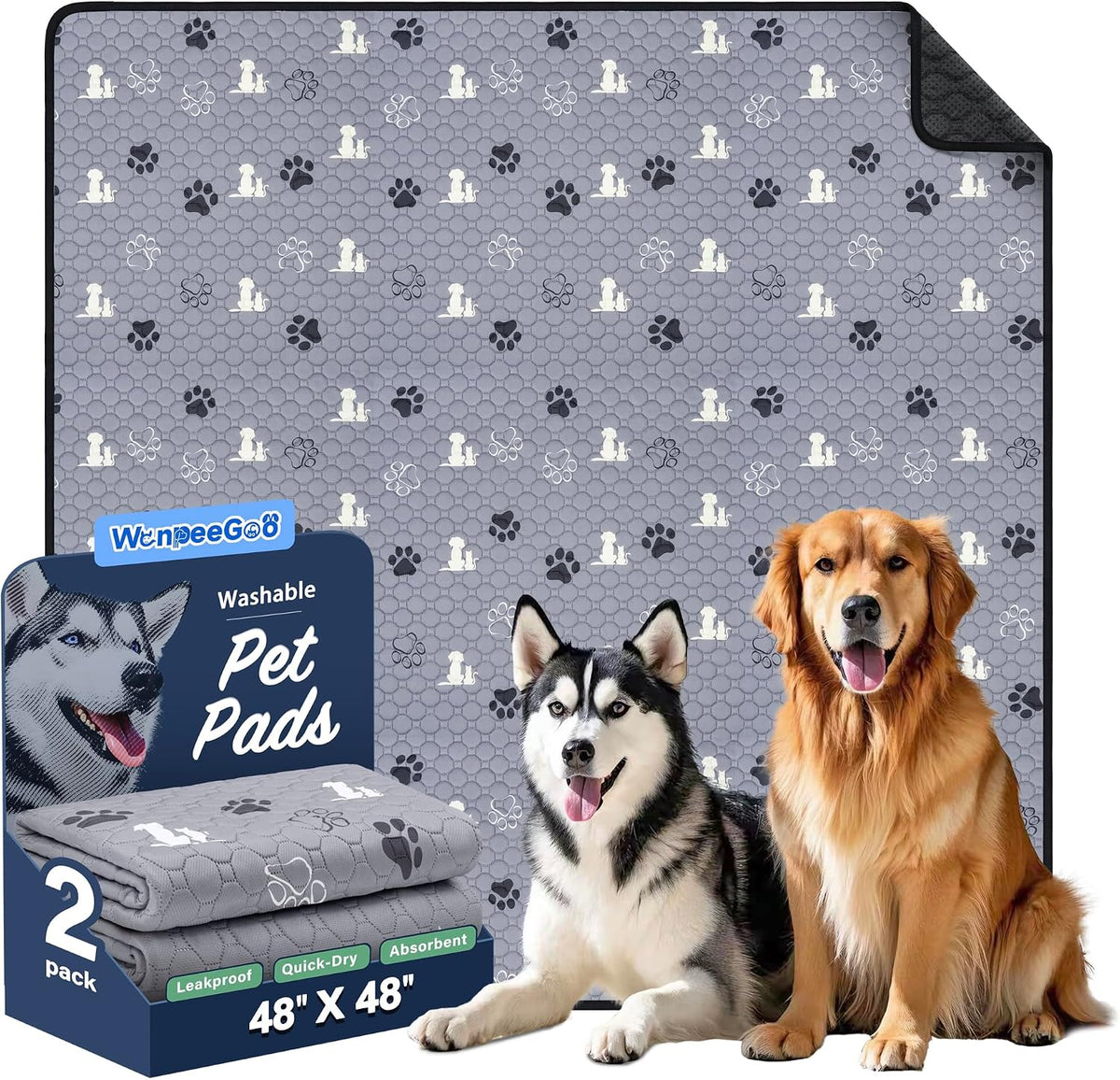 WanpeeGoo Washable Pee Pads for Dogs, Waterproof, 18 x 24 in, 4 Pack, Gray | Super Absorbent, Waterproof and Non-Slip; Washable, Reusable Dog Pads for Crates, Playpens, Floors, Furniture and Travel
