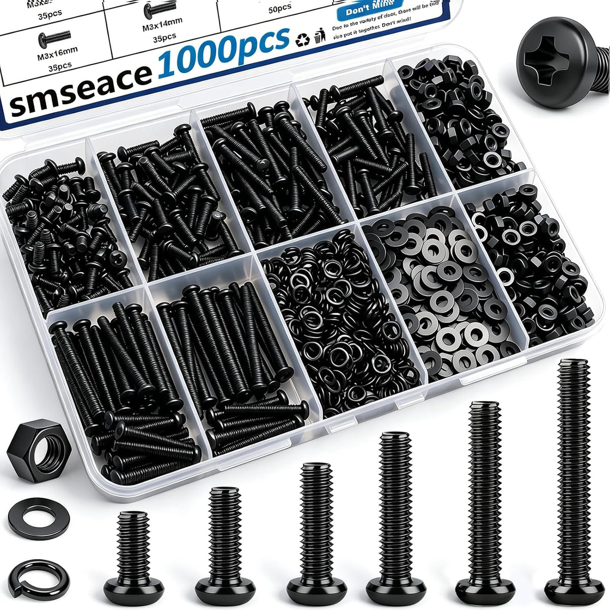 smseace 516Pcs Nuts and Bolts Assortment Kit 21-Sizes M3/M4/M5/M6 Nut Bolt Washer Assortment Kit for Machinery, Furniture, Automotive, Motorcycle Repairs