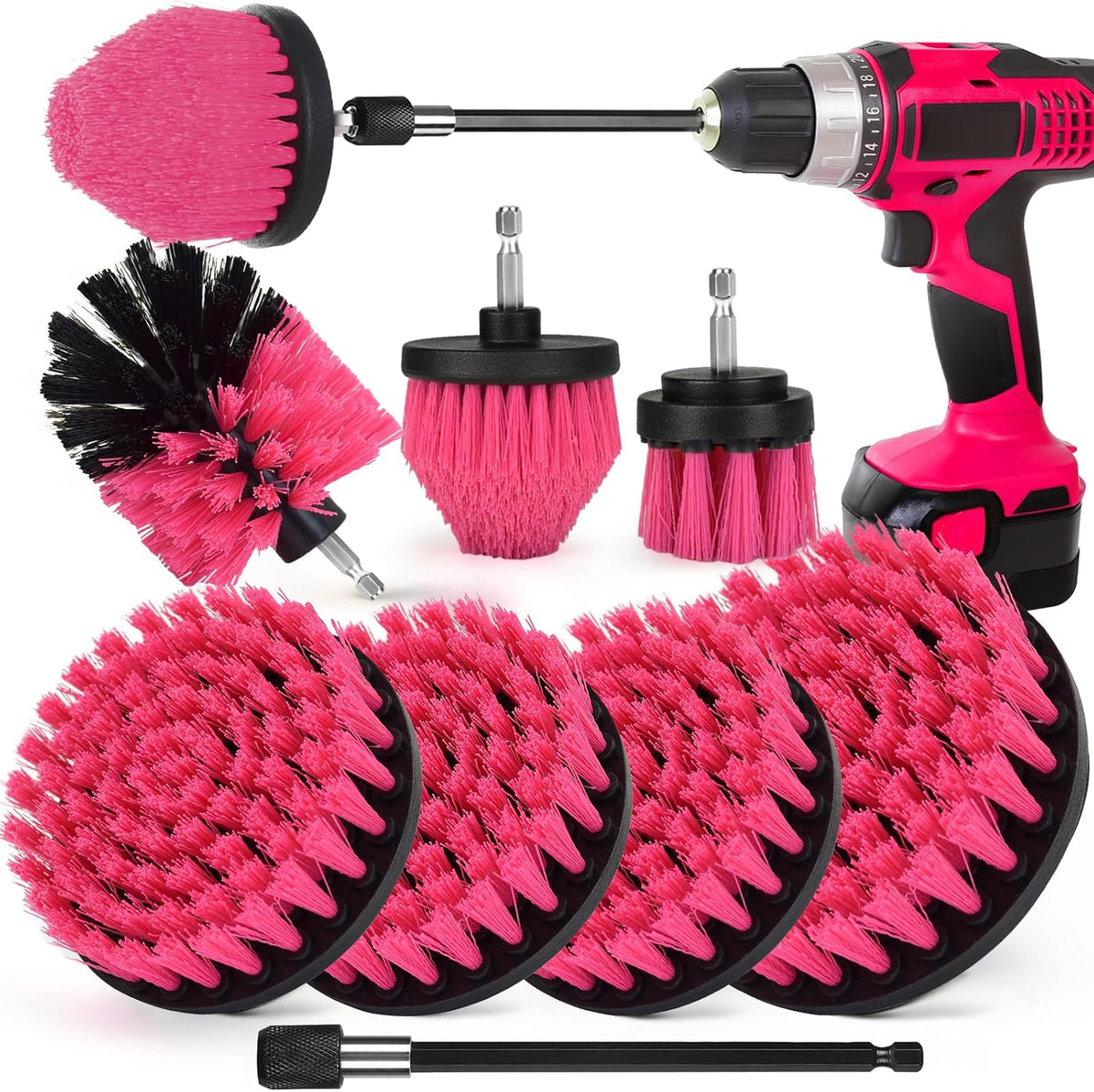 8 Pack Drill Brush Attachment Set, 1/4in Power Scrubber Brush+ Extend Long Rod, Brush Drill Attachment, Power Cleaning Scrub Brush for Bathroom, Tub, Tile, Corner, Floor