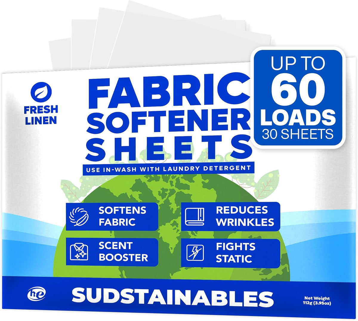 Sudstainables Fabric Softener Sheets for Washer, Fresh Linen, 200 Loads