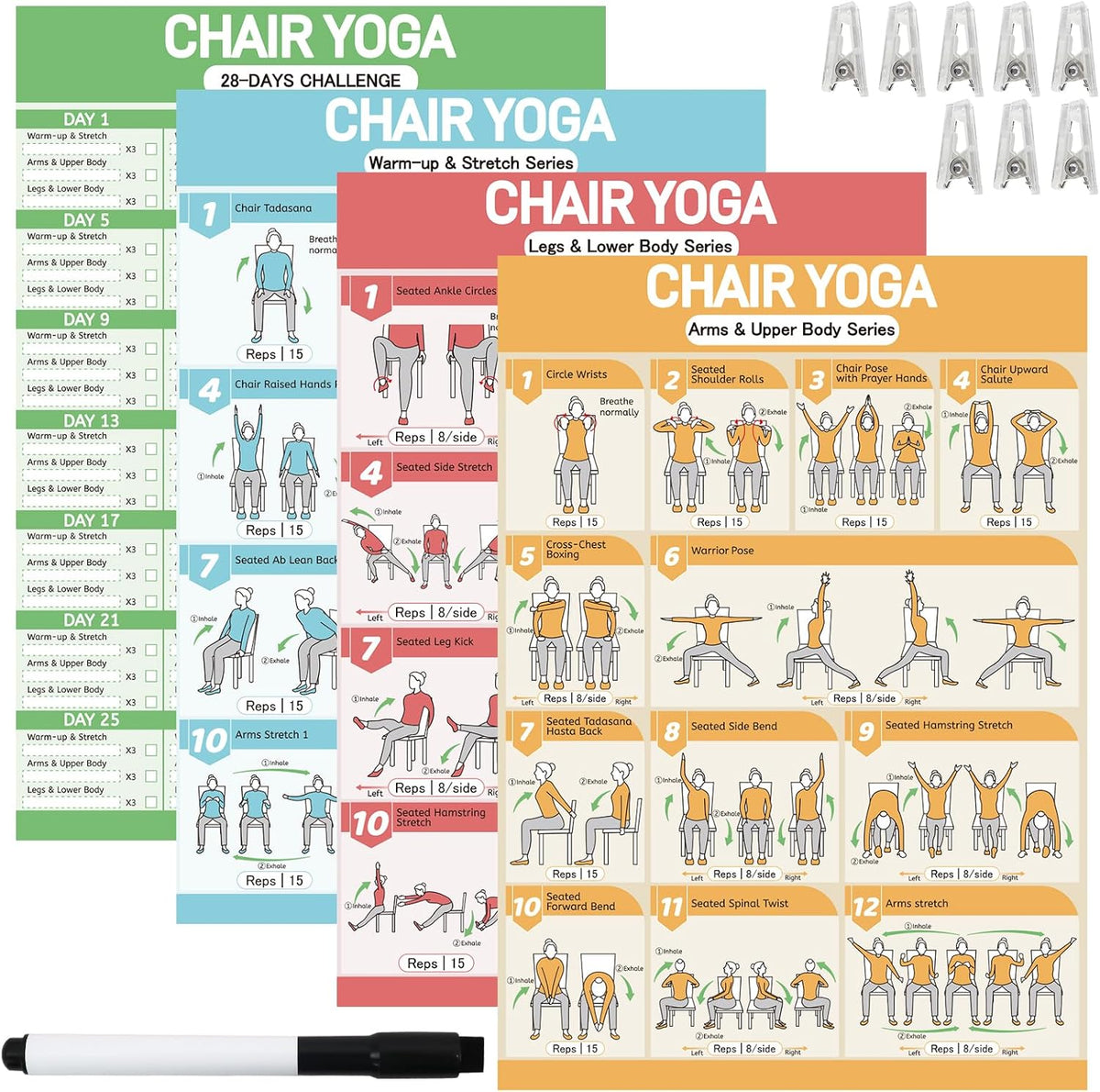 Tai Chi Workout Chart Poster Set for Seniors&Beginners,Purple,11.8X8.3inch