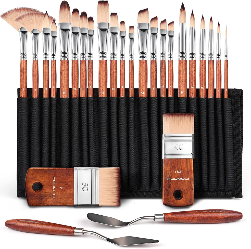 Fuumuui 25pcs Paint Brush Set, Professional 9 Shapes with Wide Flat, Filbert, Fan, Dagger, Cat Tongue, Round, Angle, Rigger for Acrylic Oil Watercolor | Includes Palette Knife & Waterproof Canvas Roll