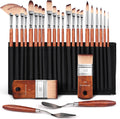 Fuumuui 25pcs Paint Brush Set, Professional 9 Shapes with Wide Flat, Filbert, Fan, Dagger, Cat Tongue, Round, Angle, Rigger for Acrylic Oil Watercolor | Includes Palette Knife & Waterproof Canvas Roll