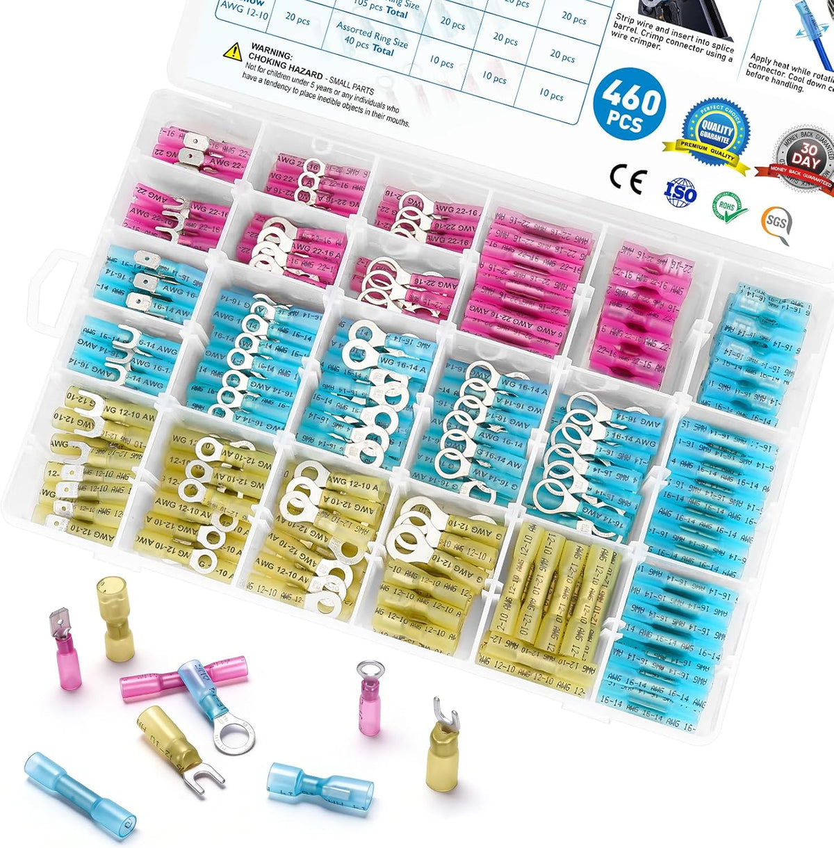 TICONN 120 Pcs Heat Shrink Wire Connectors, Marine Crimp Ring Terminal Kit