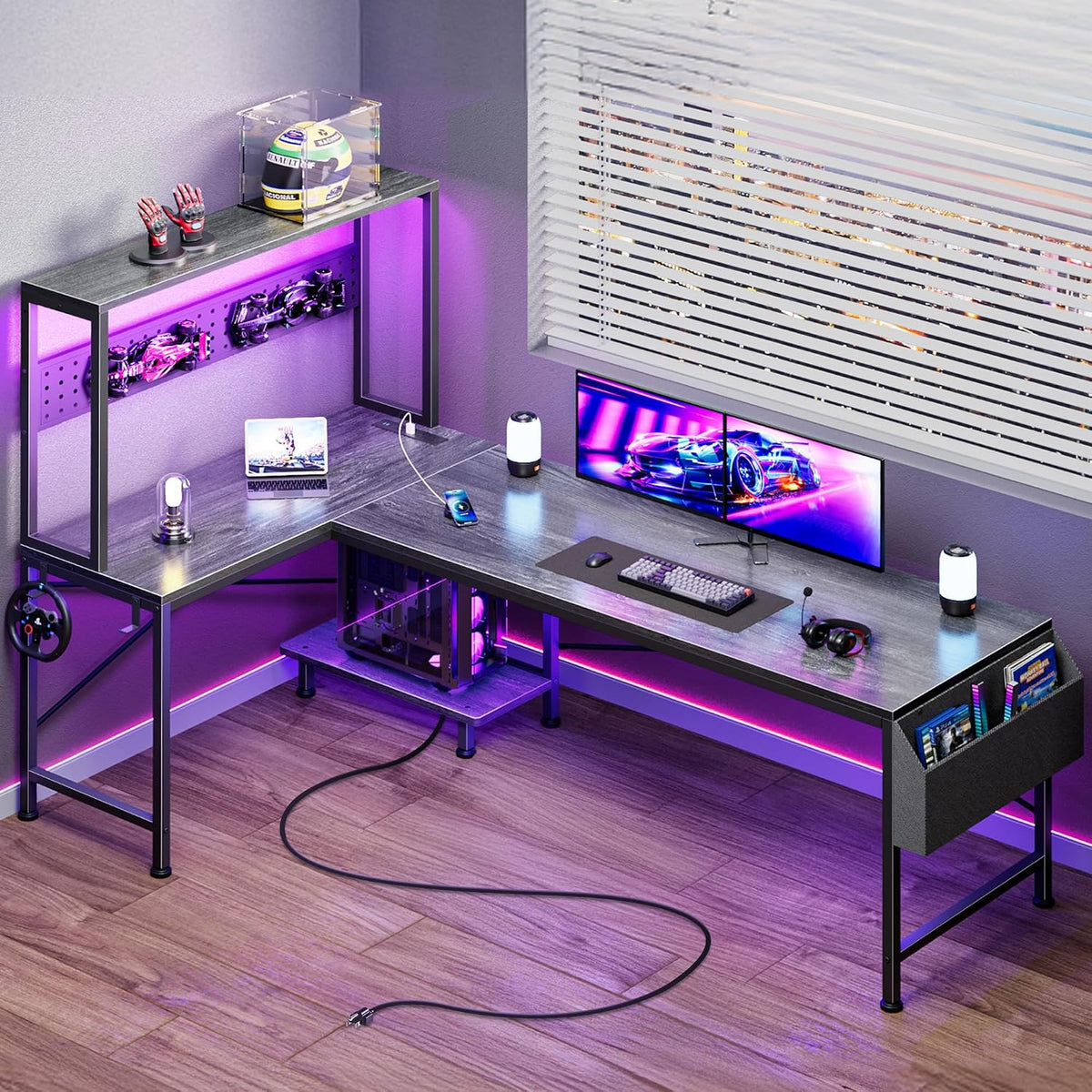 PRAISUN L Shaped Gaming Desk with LED Lights & Power Outlets