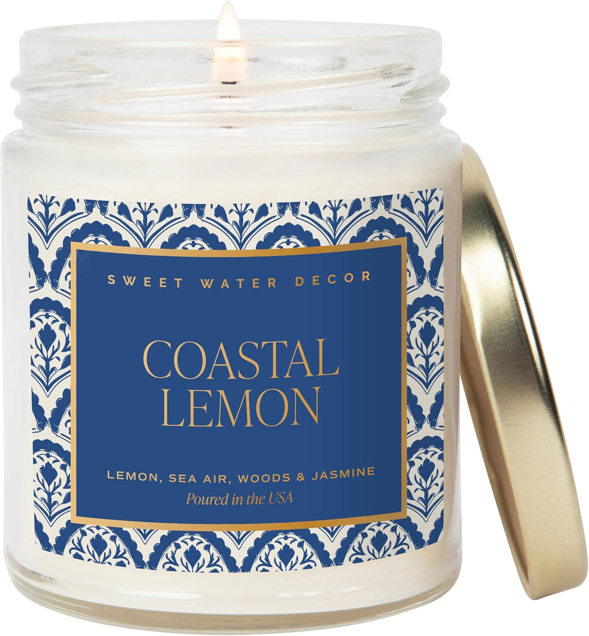 Sweet Water Decor Salt and Sea Patterned Candle – Soy Candles with Sea Salt, Citrus, Musk, Amber Aroma– 40 Hour Burn – 9oz Clear Glass Jar – Ocean Summer Candles for Home Decor
