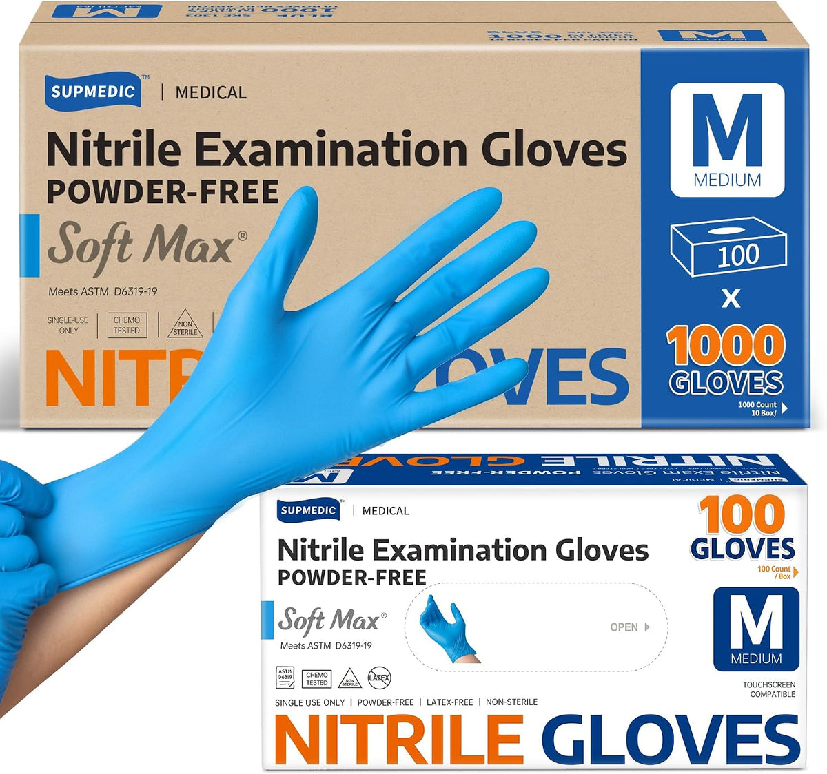 Supmedic Medical Soft Max Nitrile Exam Disposable Gloves Powder-Free 1000Ct
