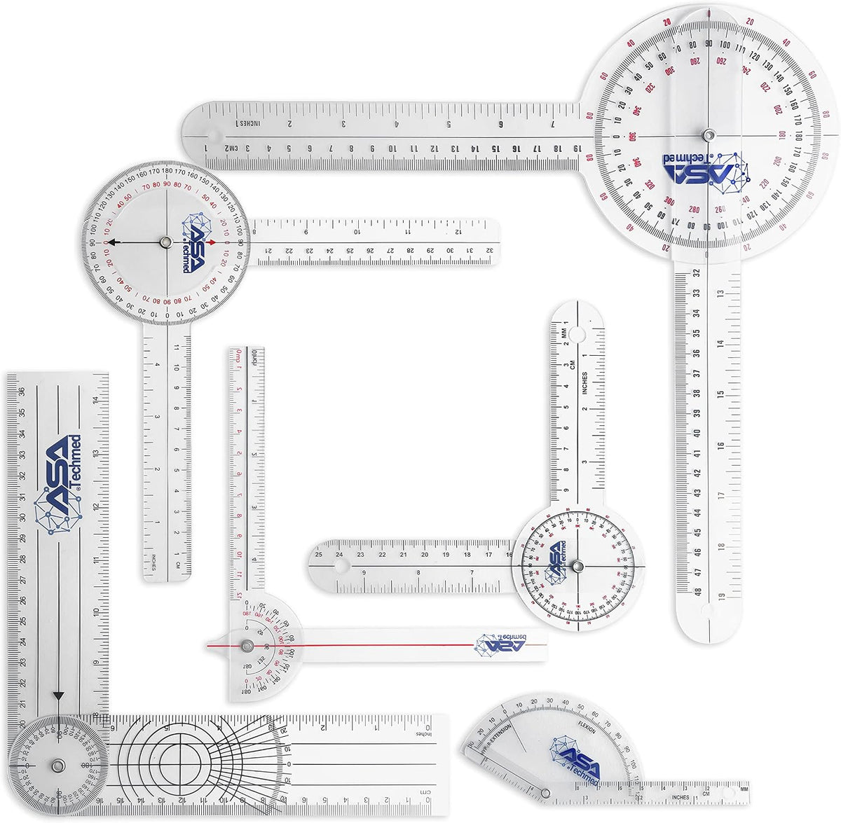 ASA TECHMED 6 Pcs 360° 12, 8 and 6 Inch Medical Spinal Goniometer Angle Protractor Angle Ruler