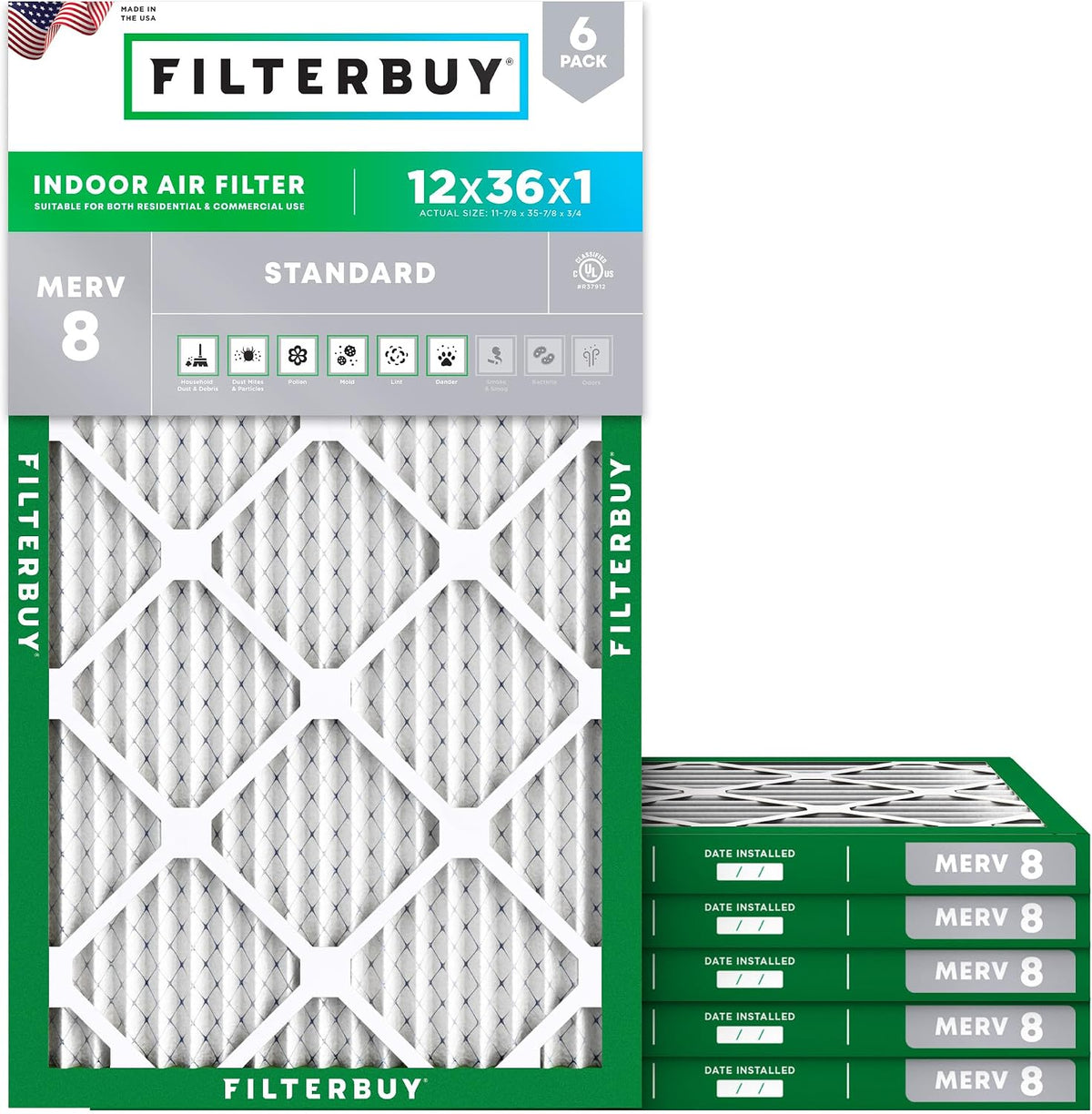 Filterbuy 16x25x1 Air Filter MERV 8 Dust & Allergy Defense (6-Pack)