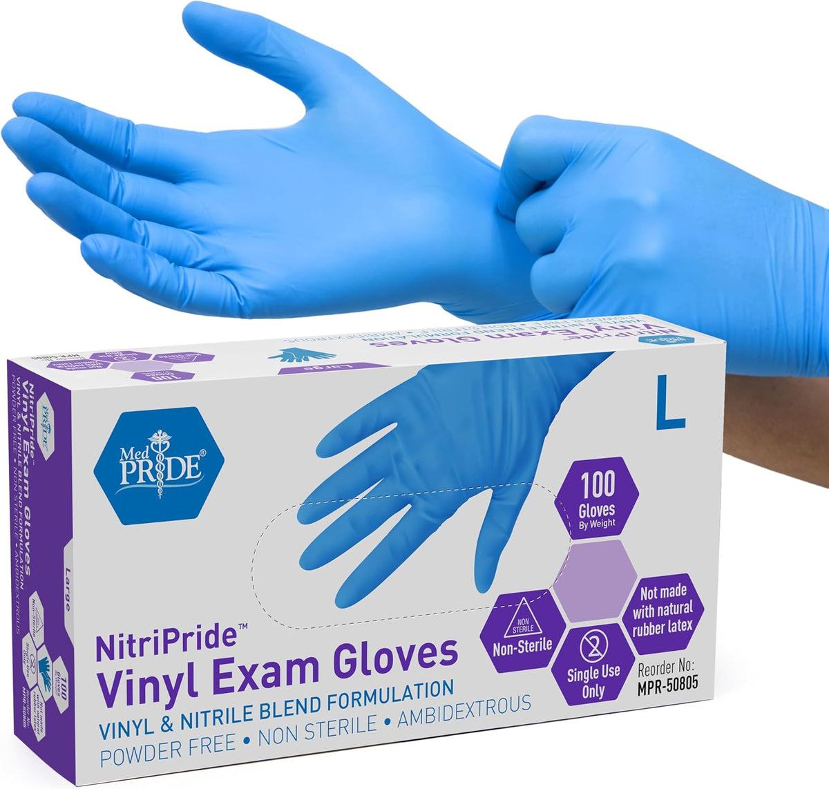 MED PRIDE Nitrile/Vinyl Blend Exam Gloves,Powder-Free,Blue,Large,100-Count